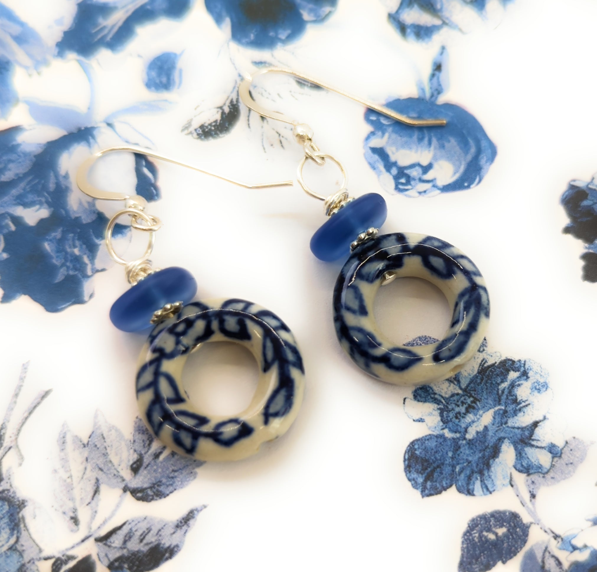 Beachy Sea Blue Sea Glass and Porcelain Earrings with Sterling Silver Hooks