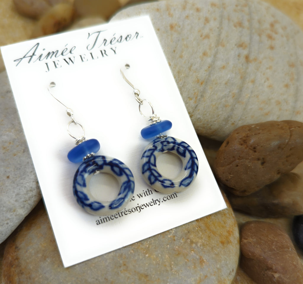 Beachy Sea Blue Sea Glass and Porcelain Earrings with Sterling Silver Hooks