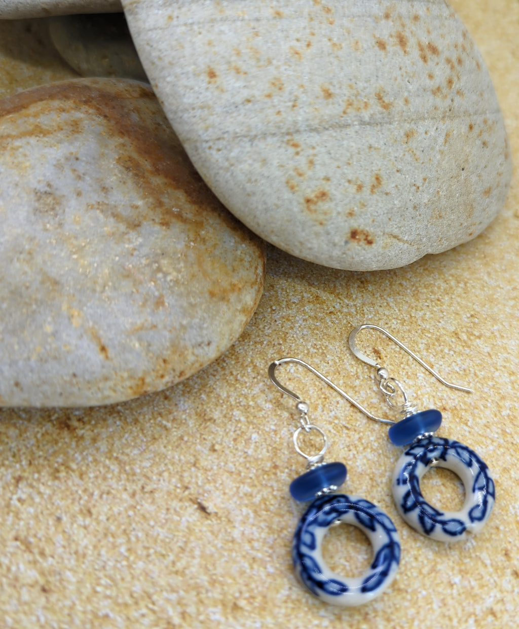 Beachy Sea Blue Sea Glass and Porcelain Earrings with Sterling Silver Hooks