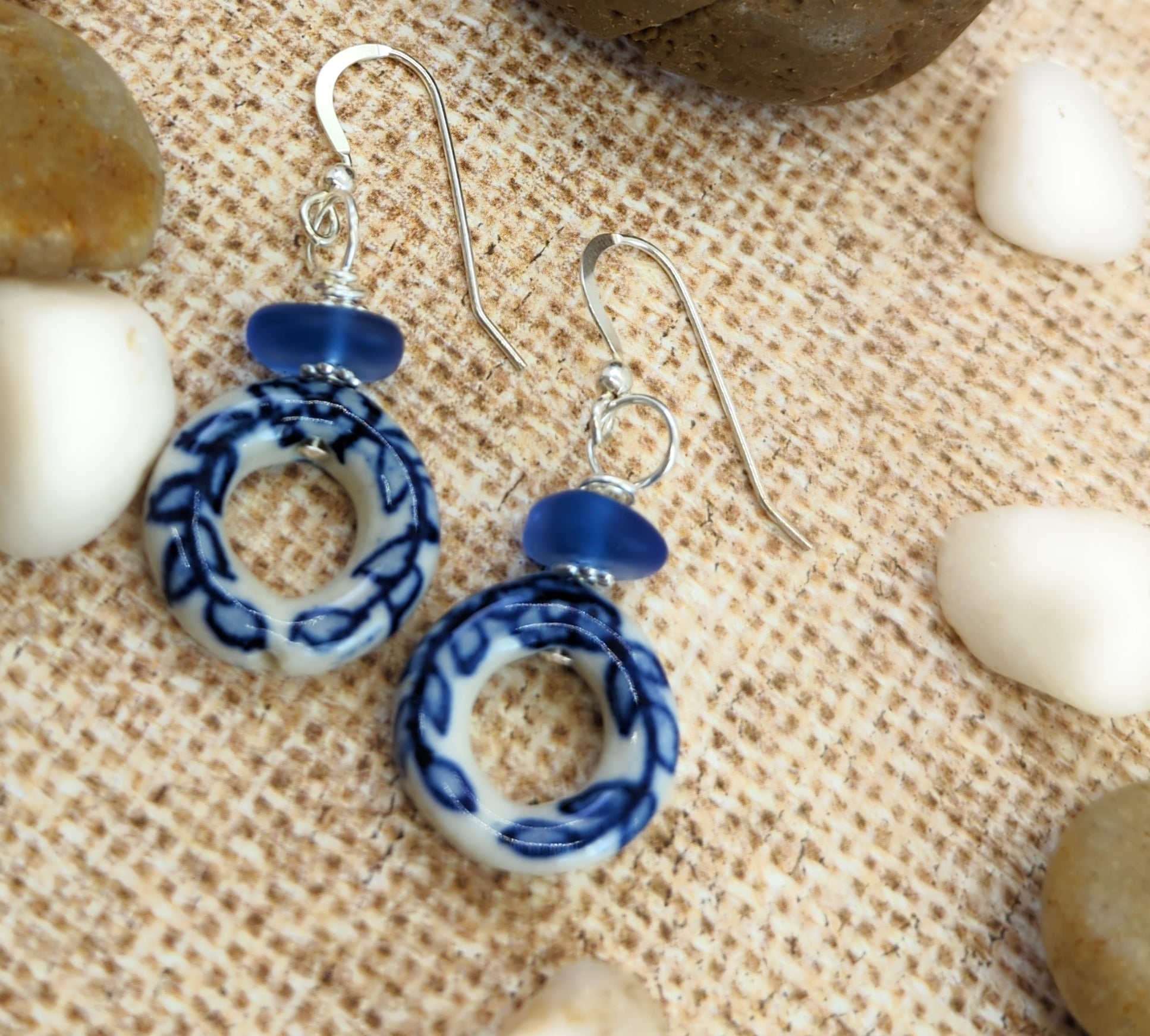 Beachy Sea Blue Sea Glass and Porcelain Earrings with Sterling Silver Hooks