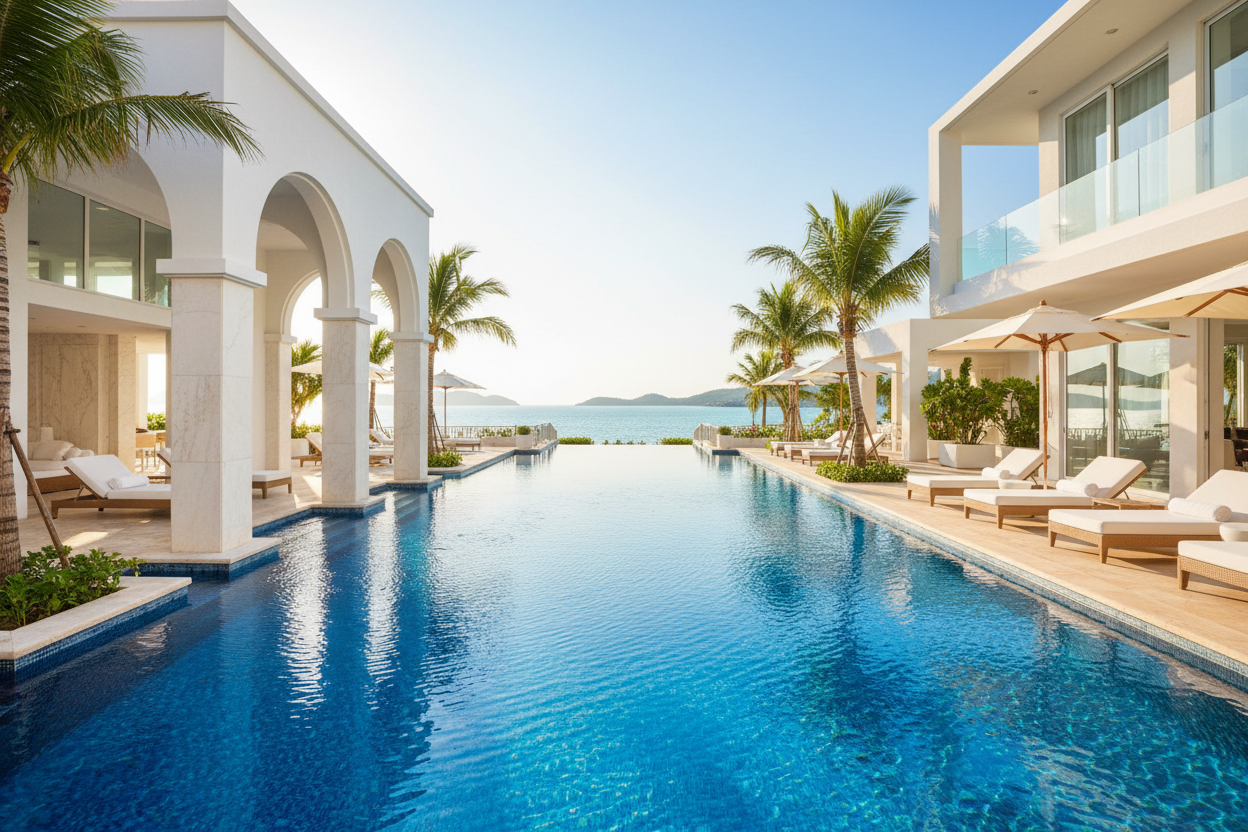 Cobalt blue pool with white architecture