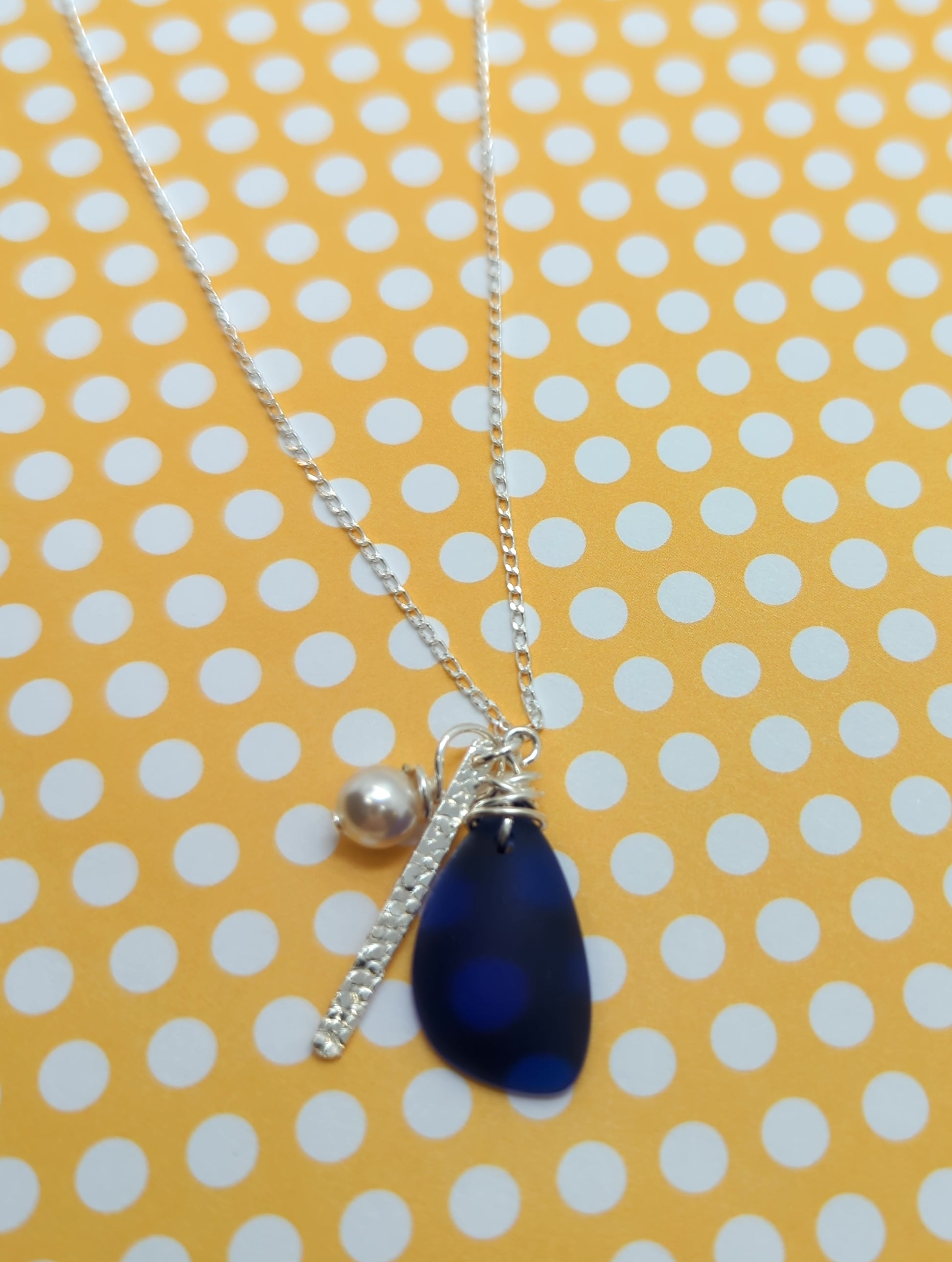 Starry Night Cobalt Blue Recycled Sea Glass Charm Necklace on Sterling Silver Chain