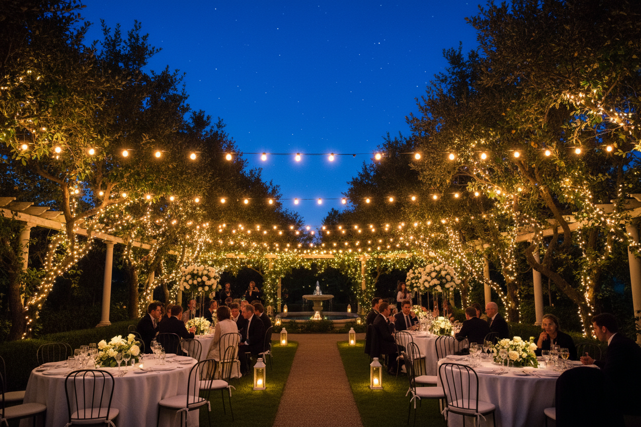 Evening garden party with string lights