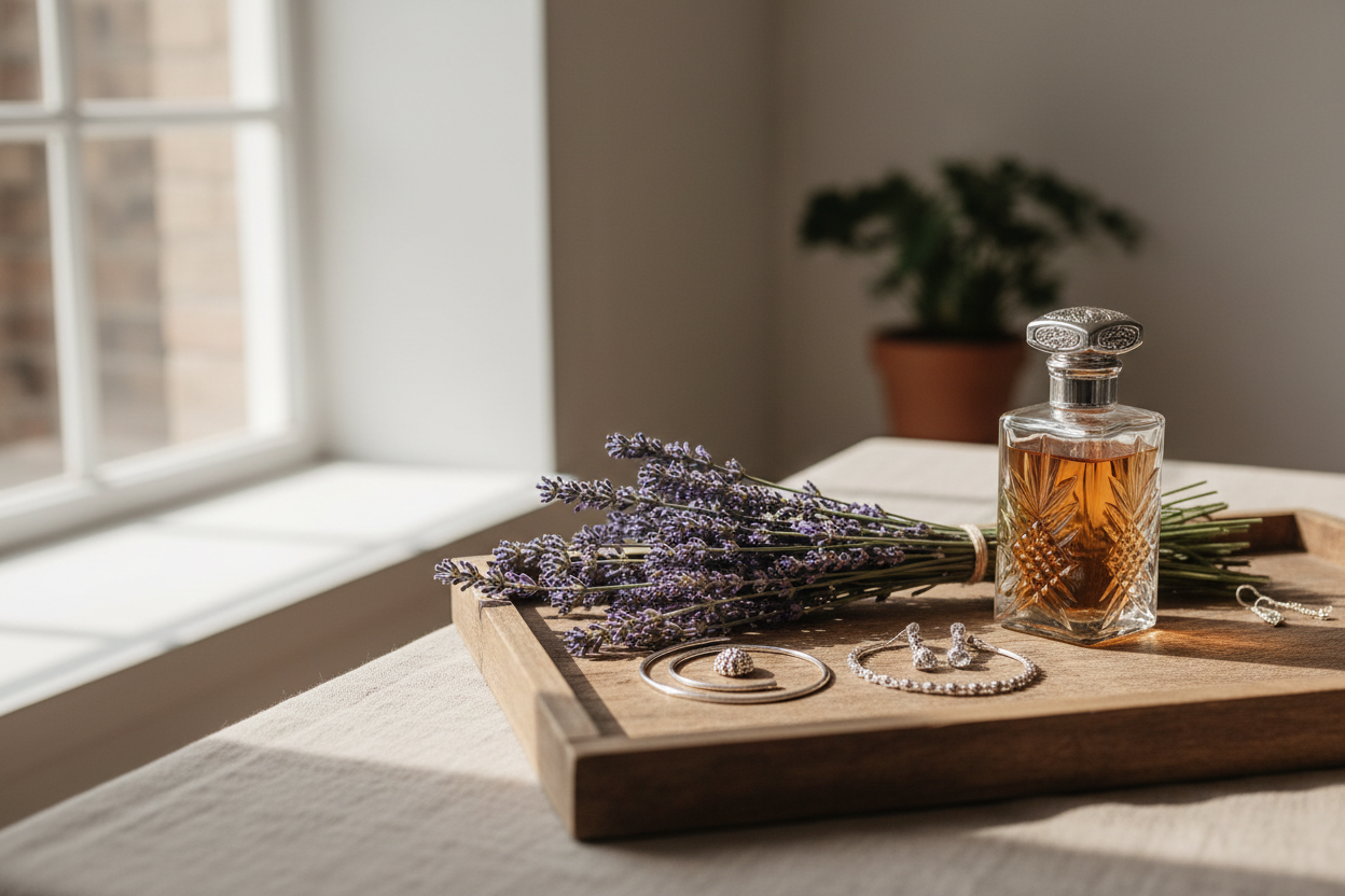 Fresh lavender with silver jewelry and vintage perfume