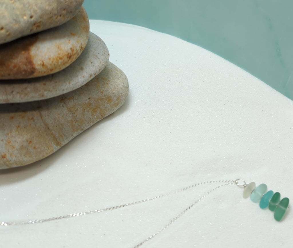 Sea Green Stacked Sea Glass Pebble Pendant Necklace