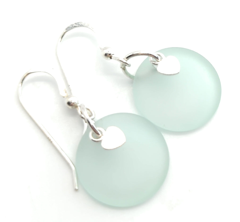 Light Sea Foam Green Recycled Sea Glass Earrings with Charming Sterling Silver Heart Charms and Sterling Silver Hooks