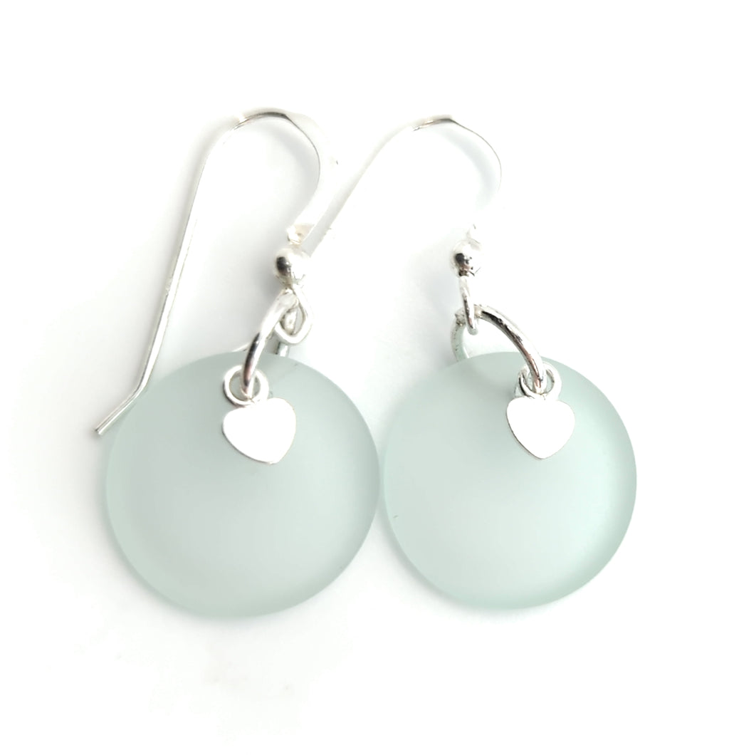 Light Sea Foam Green Recycled Sea Glass Earrings with Charming Sterling Silver Heart Charms and Sterling Silver Hooks
