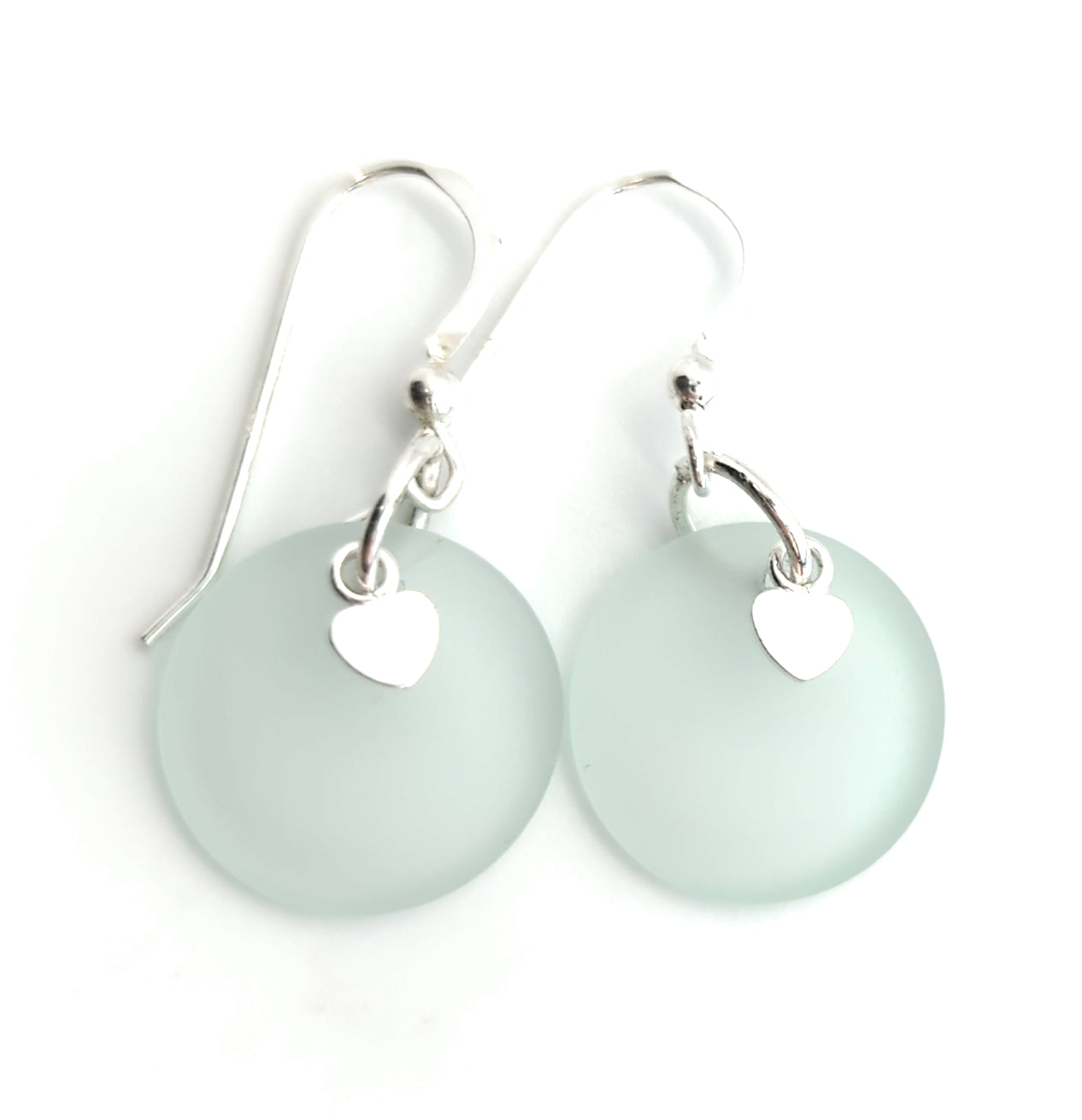Light Sea Foam Green Recycled Sea Glass Earrings with Charming Sterling Silver Heart Charms and Sterling Silver Hooks