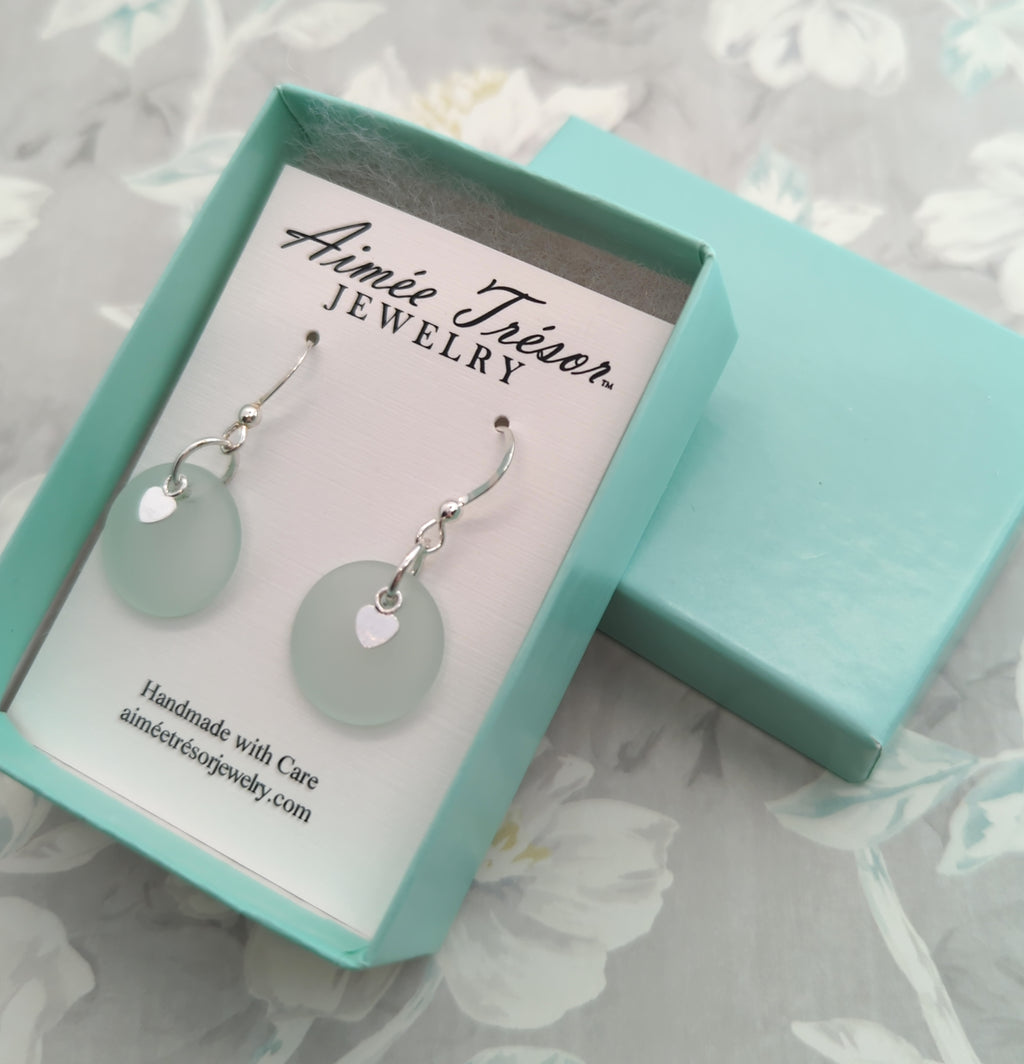 Light Sea Foam Green Recycled Sea Glass Earrings with Charming Sterling Silver Heart Charms and Sterling Silver Hooks