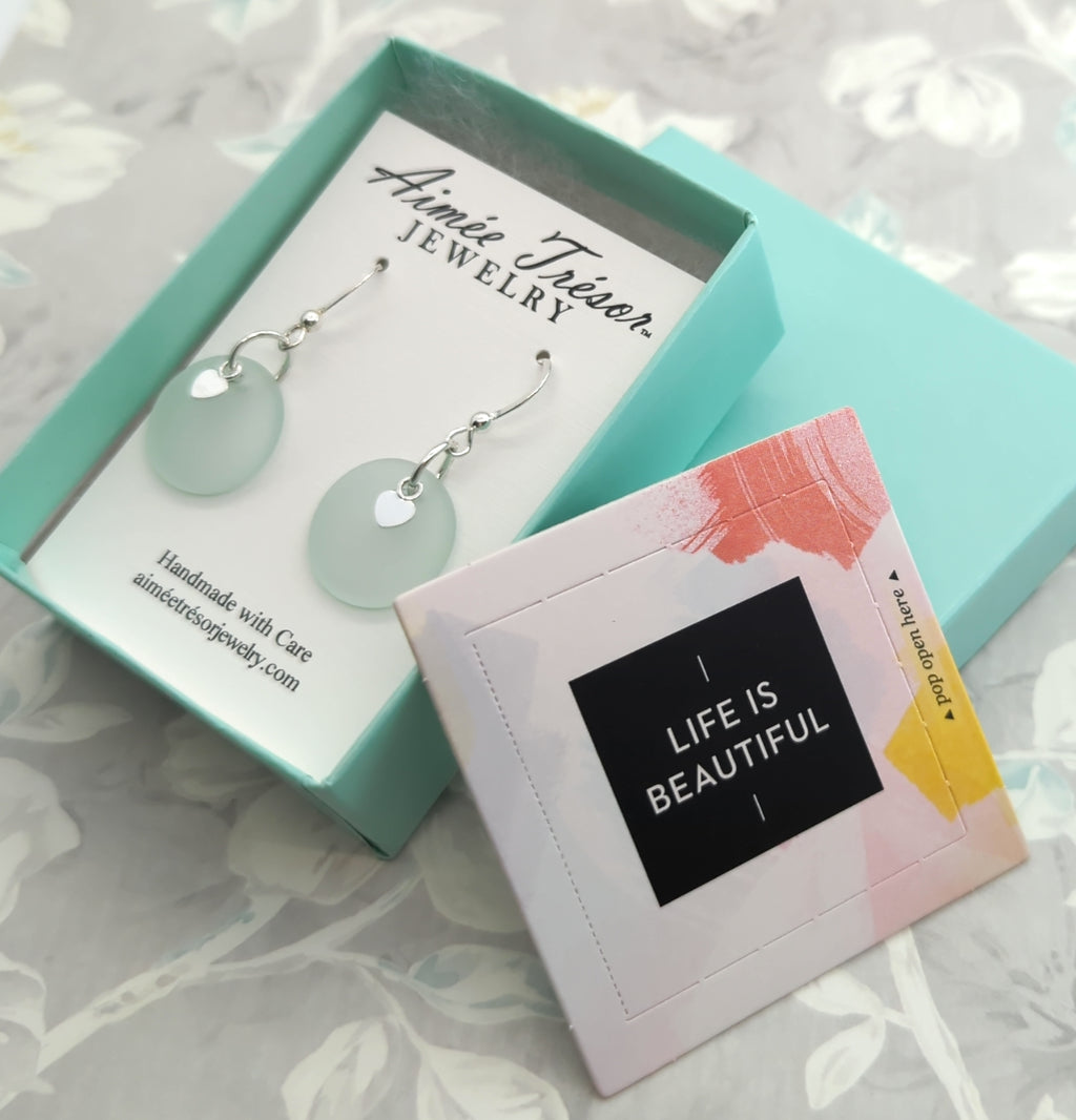 Light Sea Foam Green Recycled Sea Glass Earrings with Charming Sterling Silver Heart Charms and Sterling Silver Hooks