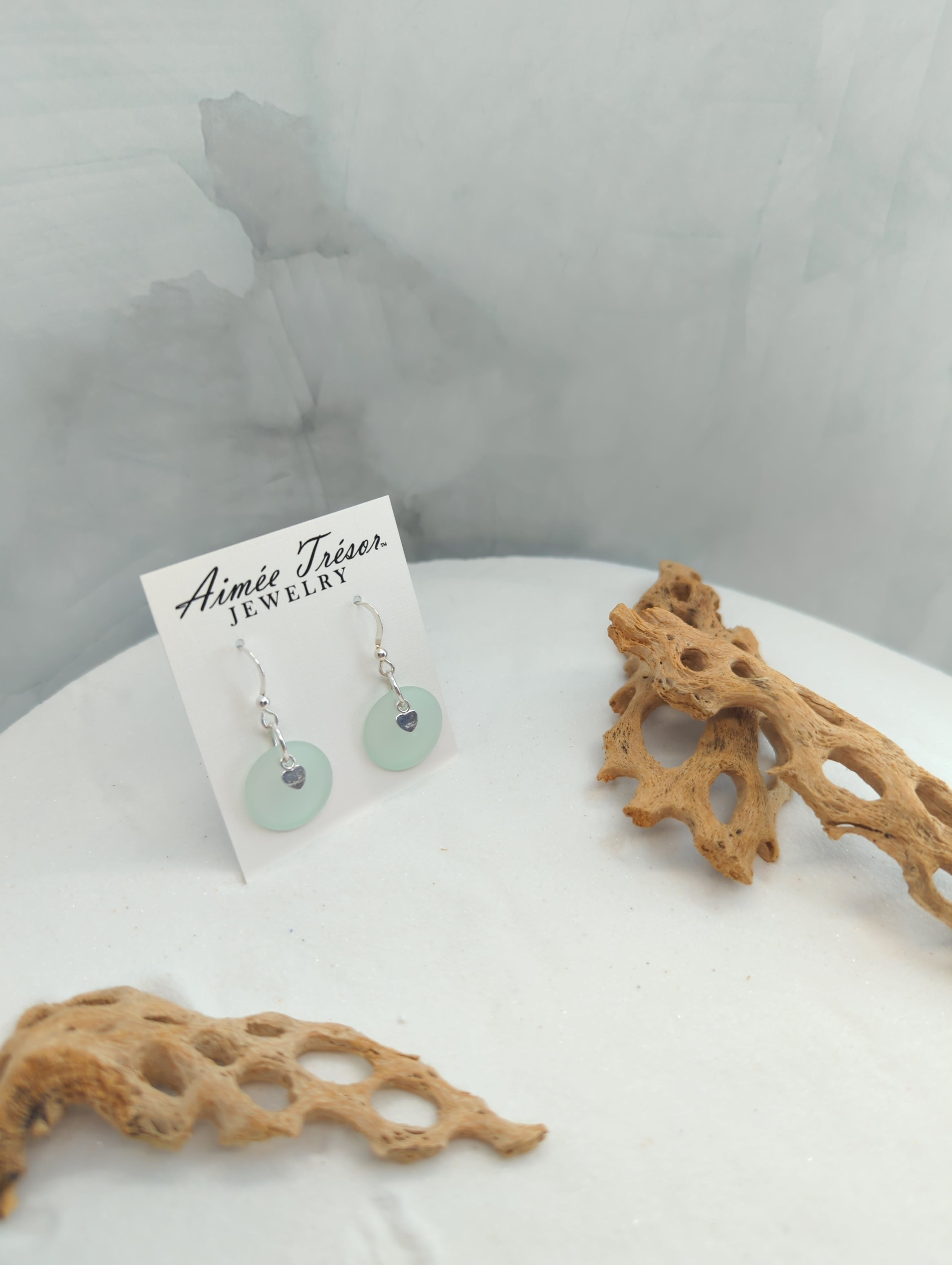 Light Sea Foam Green Recycled Sea Glass Earrings with Charming Sterling Silver Heart Charms and Sterling Silver Hooks