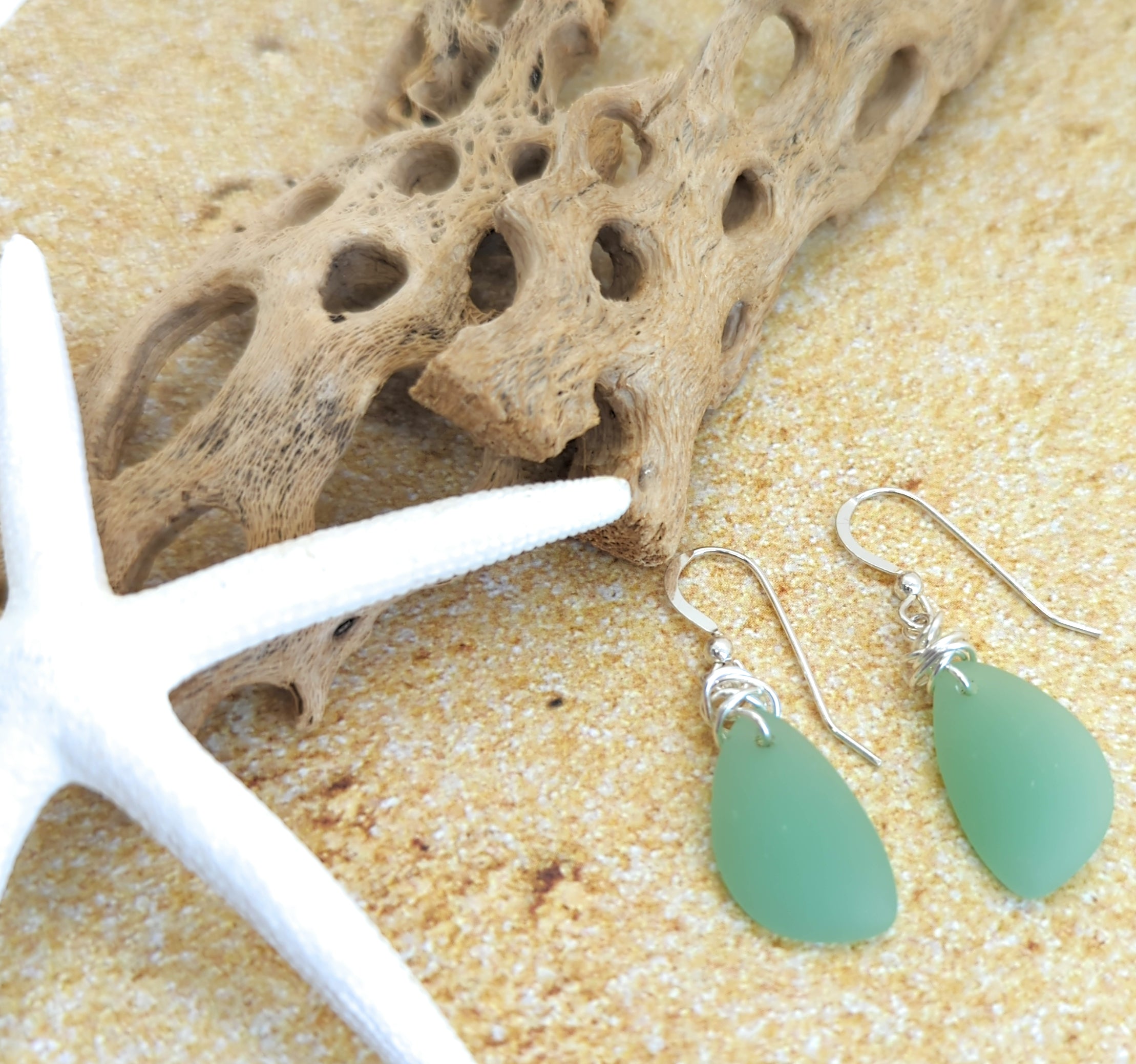 Dark Sea Foam Green Jade Recycled Sea Glass Earrings on Sterling Silver Hooks