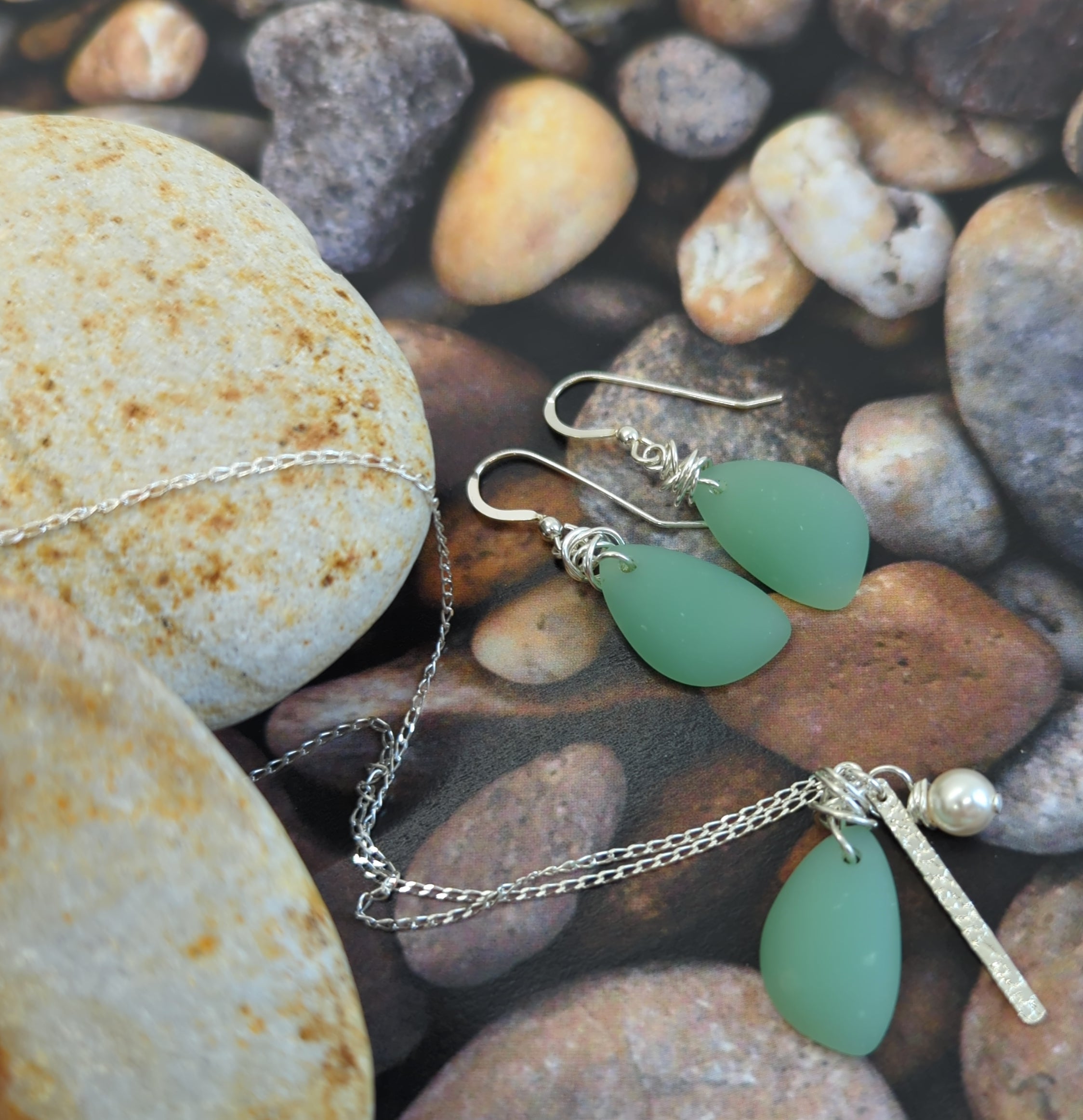 Dark Sea Foam Green Jade Recycled Sea Glass Earrings on Sterling Silver Hooks