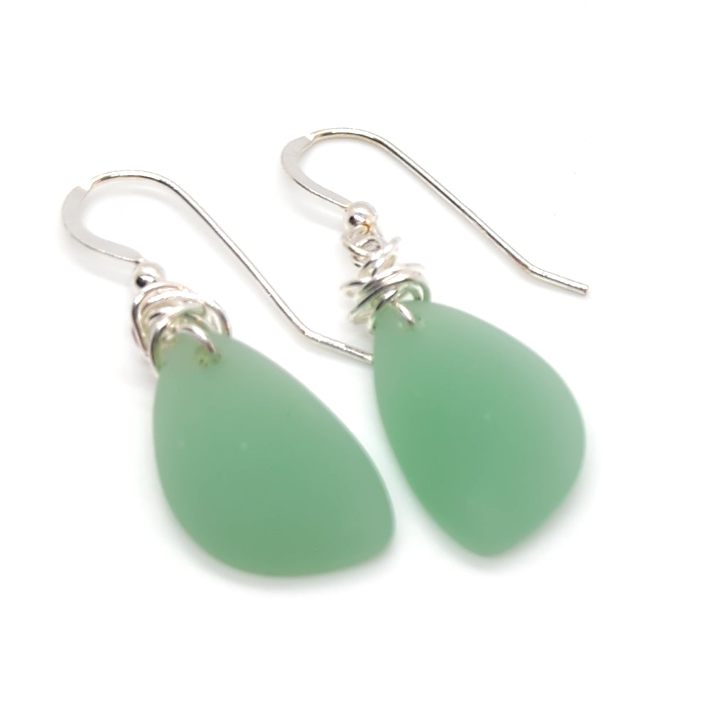 Dark Sea Foam Green Jade Recycled Sea Glass Earrings on Sterling Silver Hooks