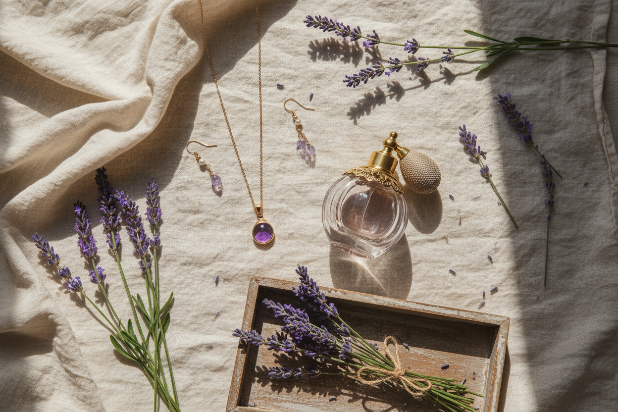 Lavender with gold jewelry and perfume on linen