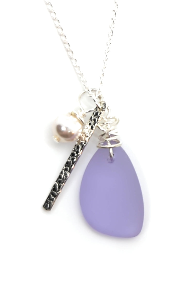 Beautiful Lavender Sea glass Charm Necklace with Sterling Silver Bar Charm and Crystal Pearl Charm on 18 inch Sterling Silver Chain