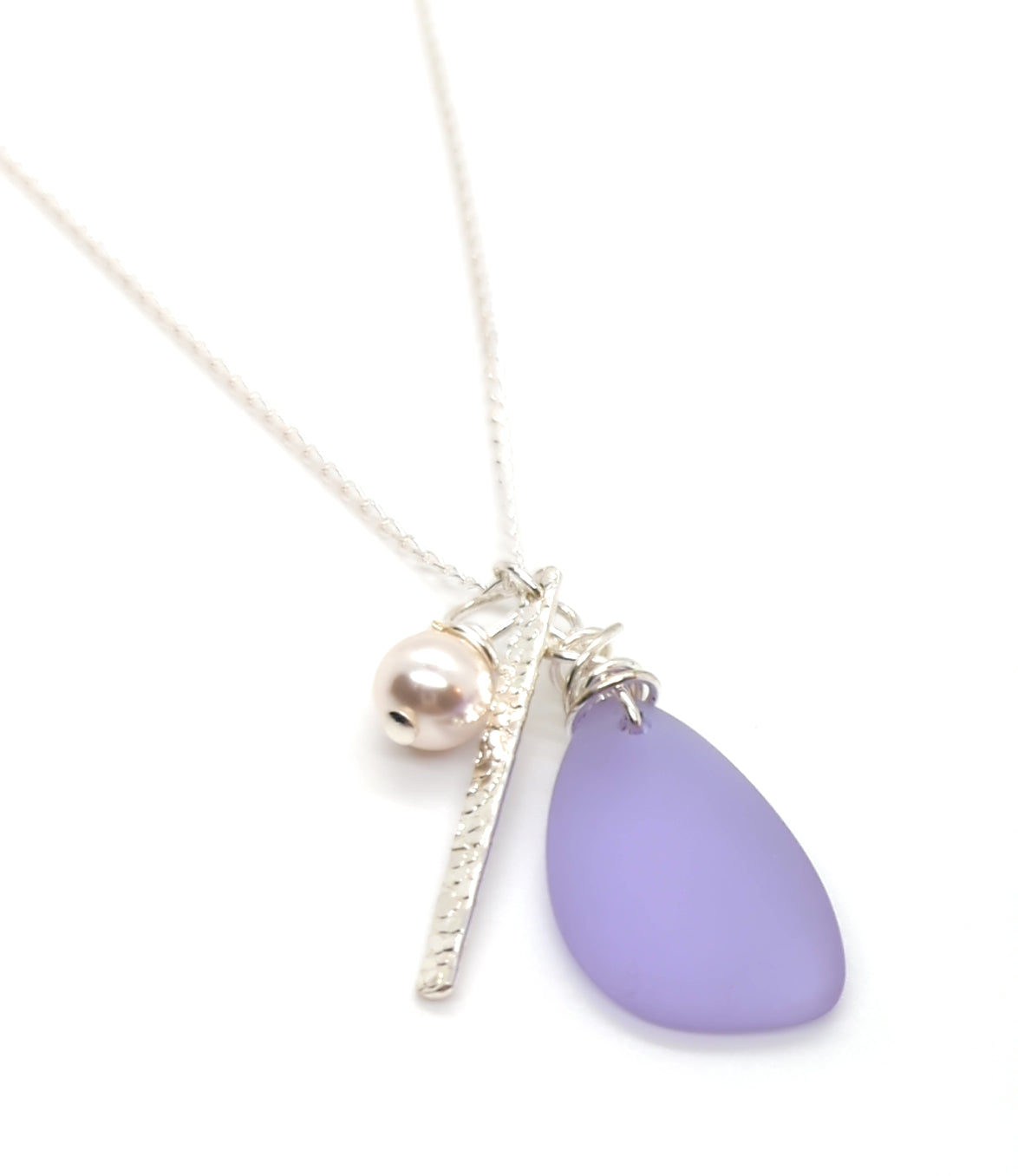 Beautiful Lavender Sea glass Charm Necklace with Sterling Silver Bar Charm and Crystal Pearl Charm on 18 inch Sterling Silver Chain