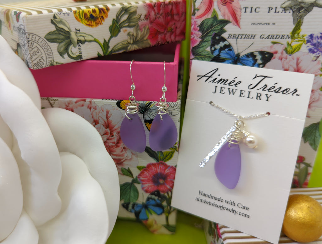 Beautiful Lavender Sea glass Charm Necklace with Sterling Silver Bar Charm and Crystal Pearl Charm on 18 inch Sterling Silver Chain