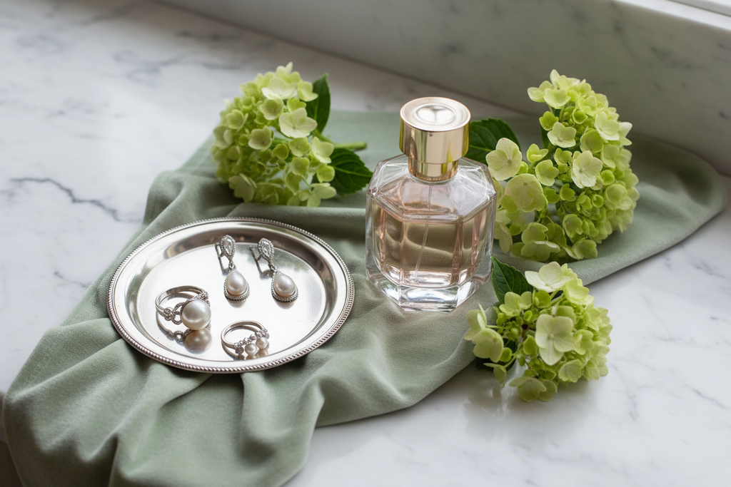 Marble with pale green velvet, perfume and silver pearl jewelry