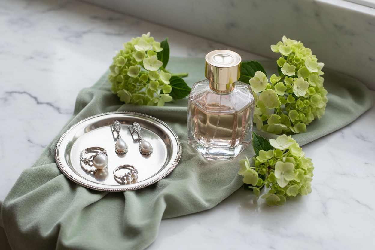 Marble with pale green velvet, perfume and silver pearl jewelry