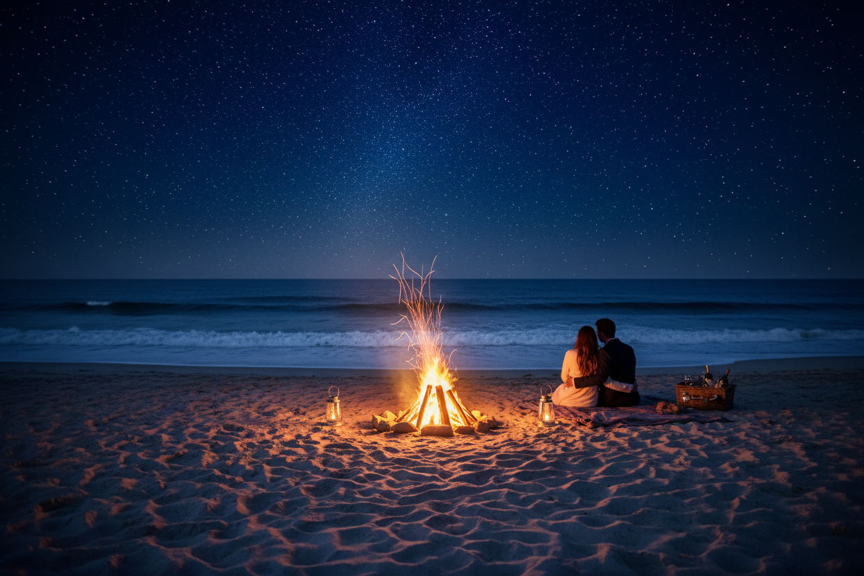 Night beach campfire with sparks and starry sky