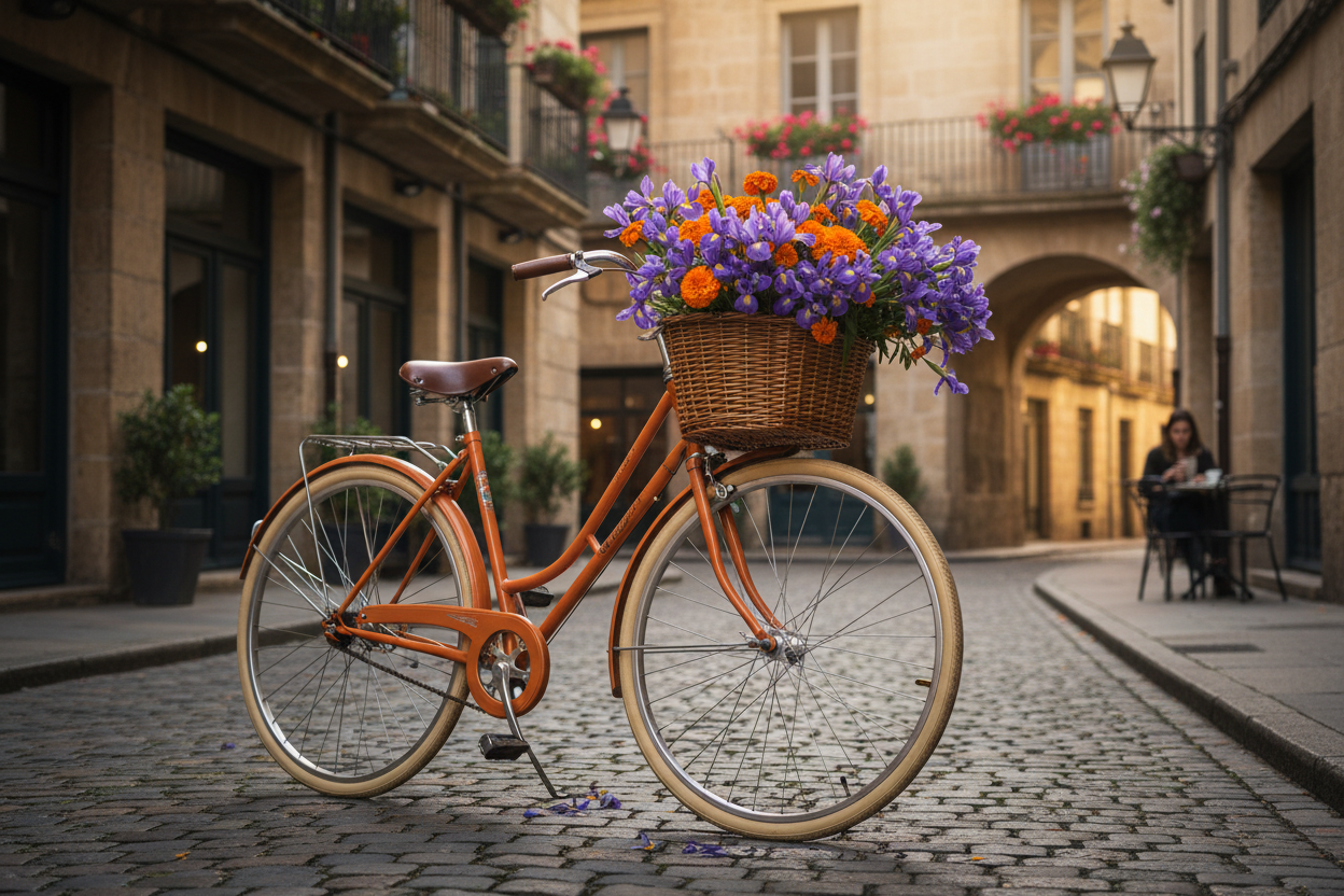 Orange vintage bike with purple irises and orange marigolds
