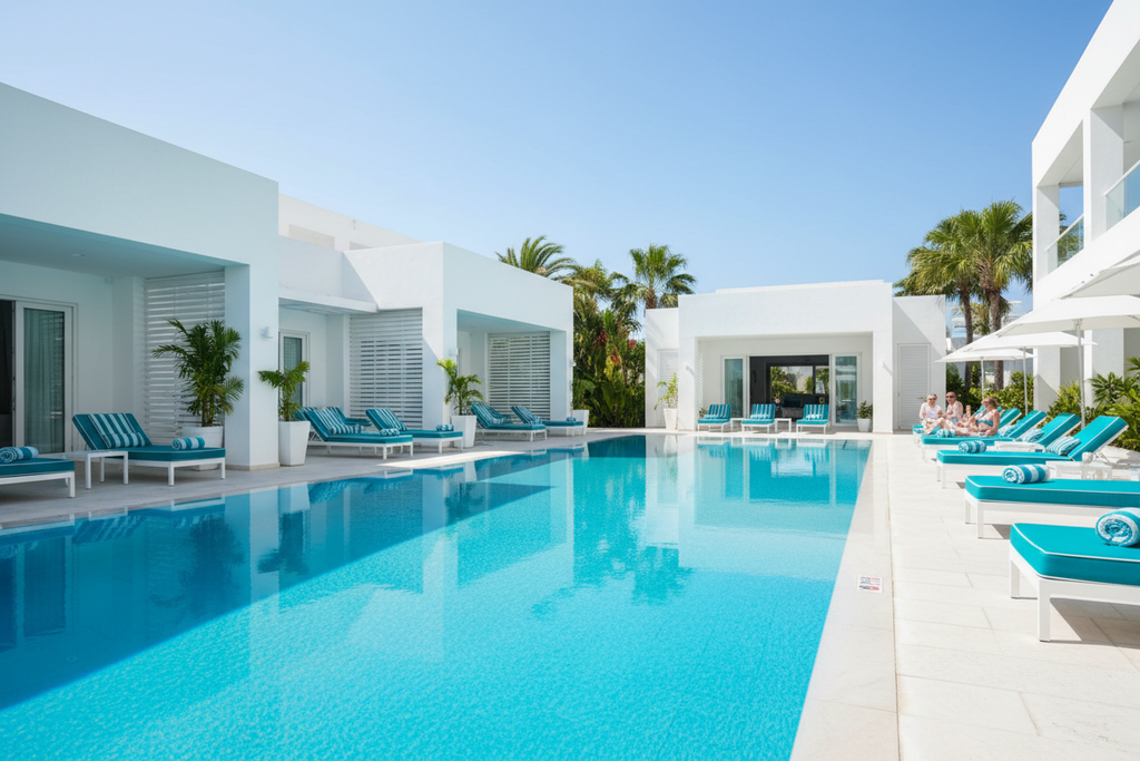 Outdoor pool with striking vivid aqua water