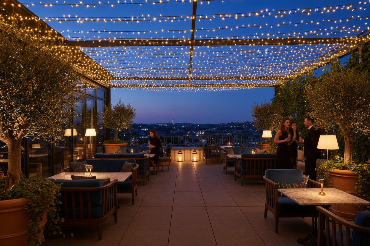 Outdoor terrace at dusk with fairy lights