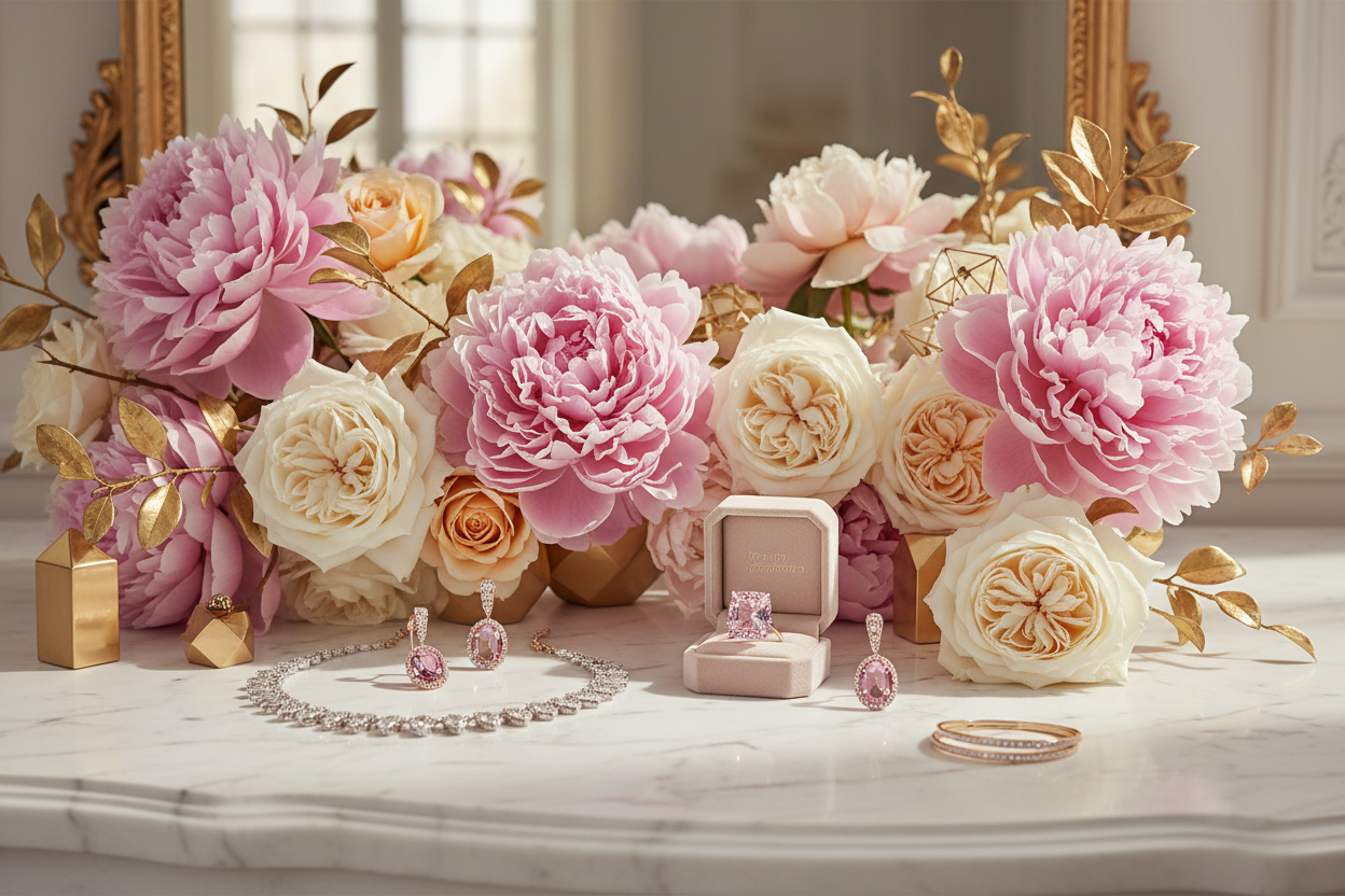 Pink peonies and roses on marble