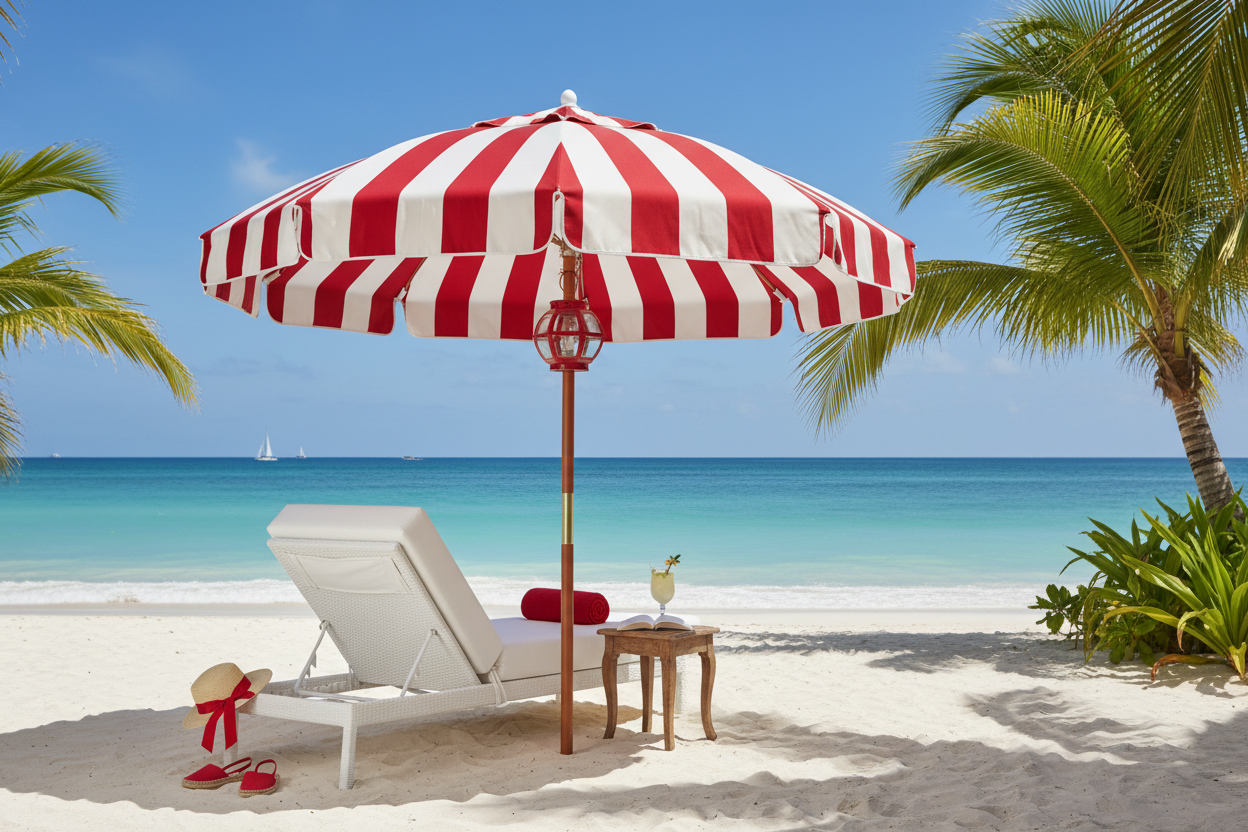 Red and white striped beach umbrella