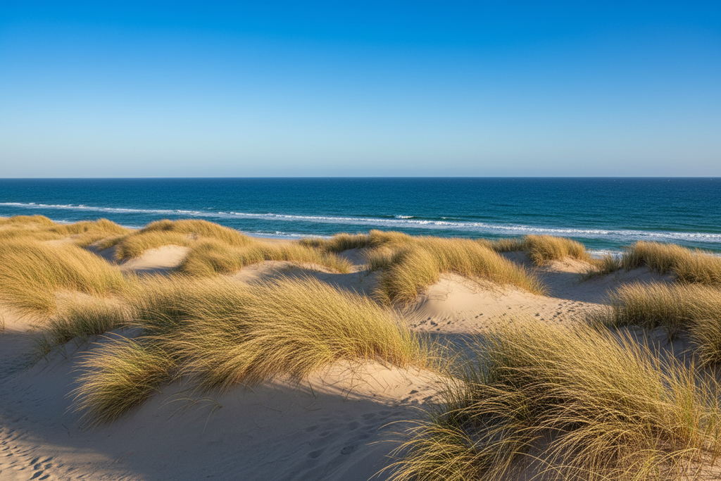 Sand dunes with tall beach grass and azure ocean