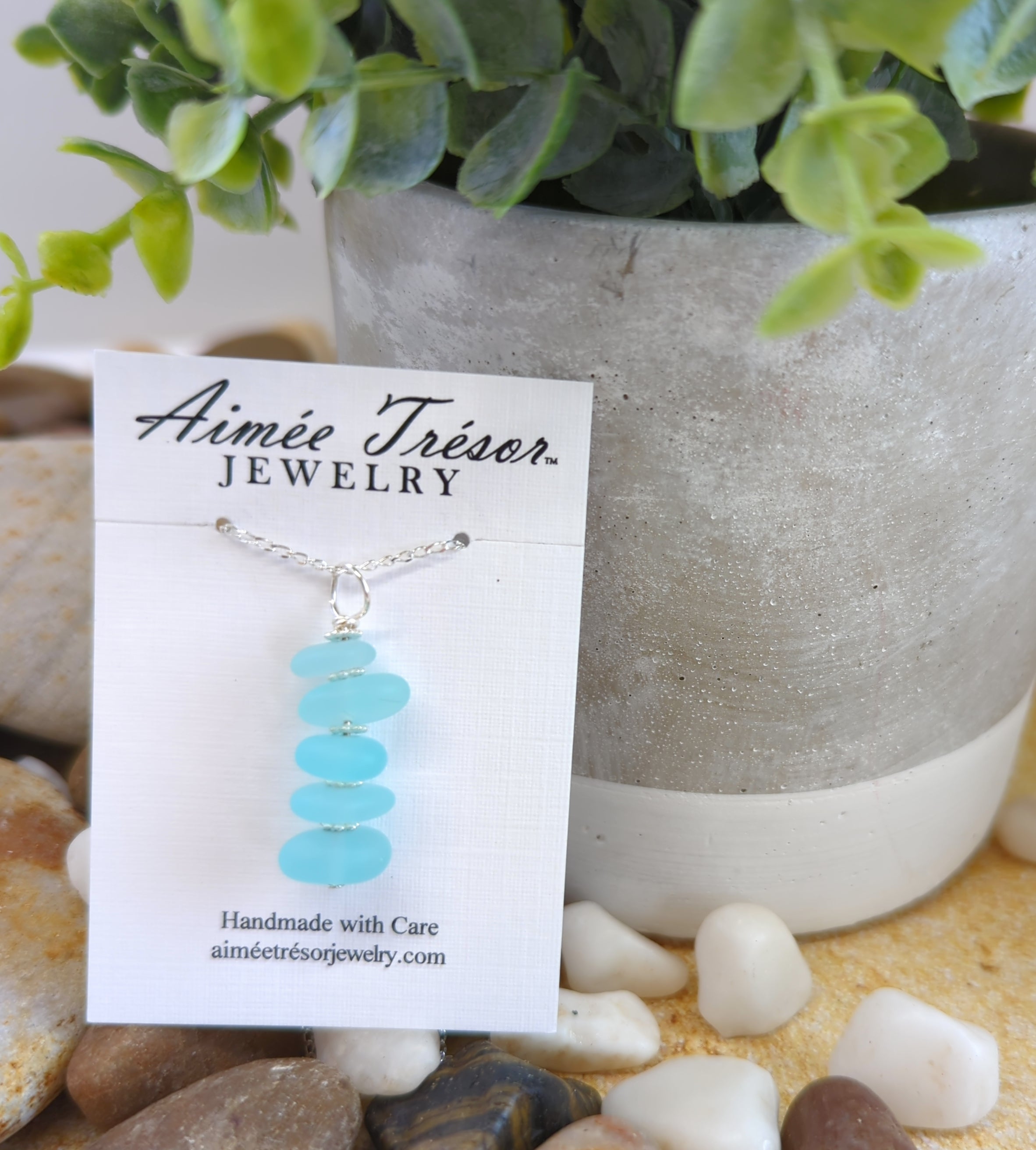 Gorgeous Stacked Blue Pebble Sea Glass Pendant Necklace