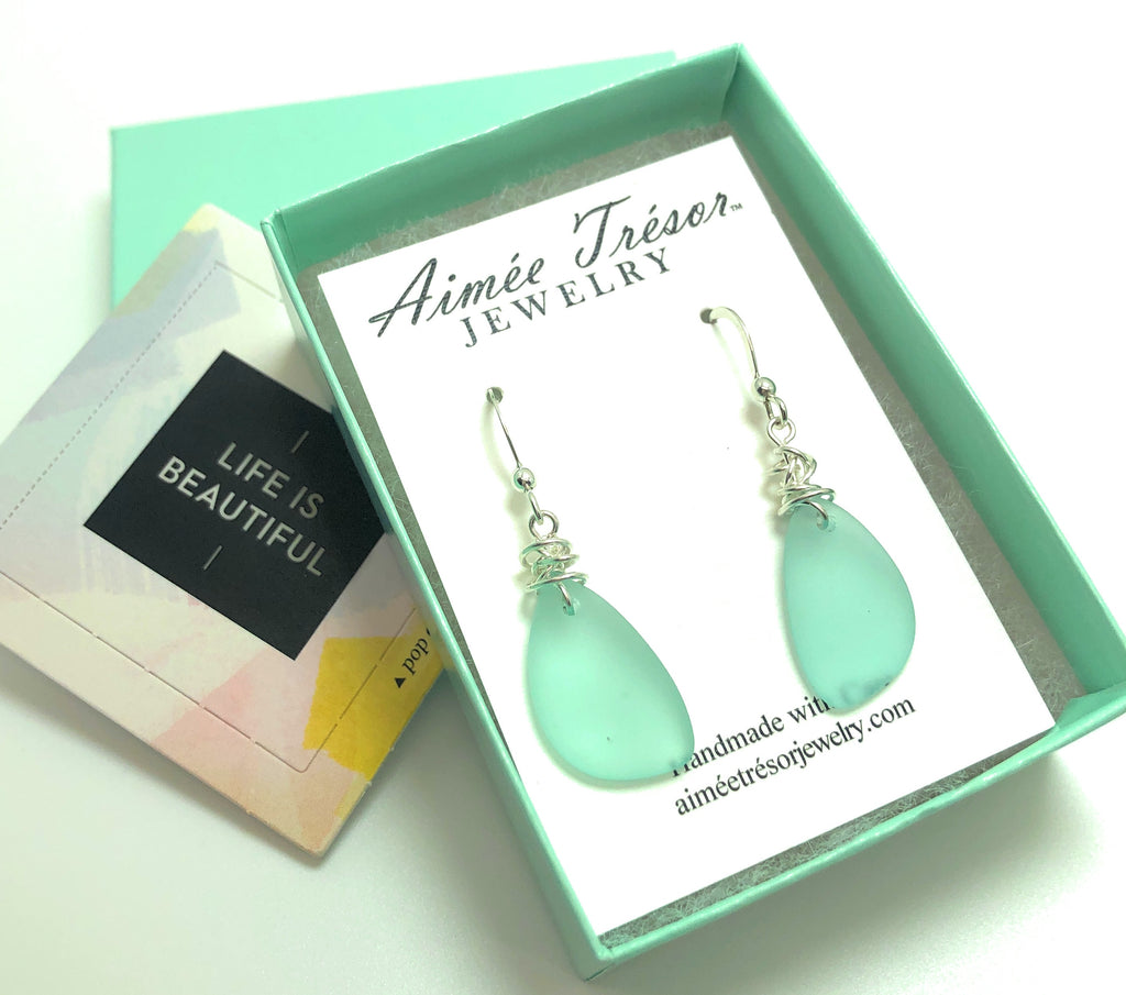 Popular Sea Foam Green Sea Glass Earrings on Sterling Silver Hooks