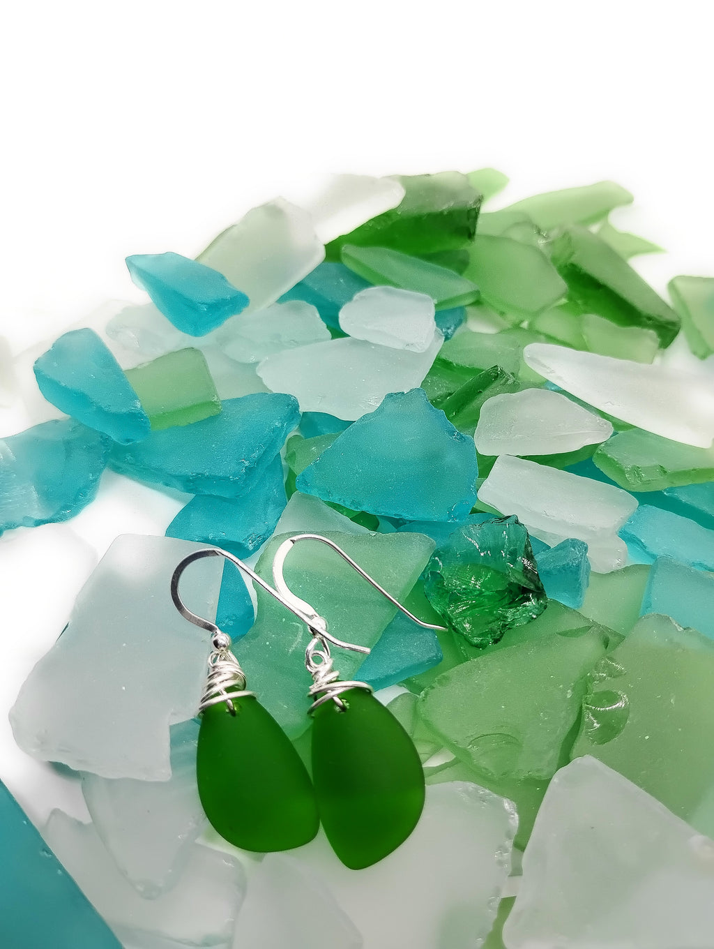 Aimee Tresor Nature's Green Recycled Sea Glass Earrings on Sterling Silver Hooks