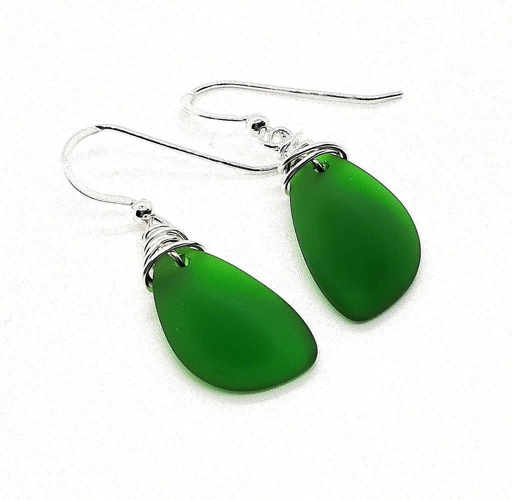 Aimee Tresor Nature's Green Recycled Sea Glass Earrings on Sterling Silver Hooks