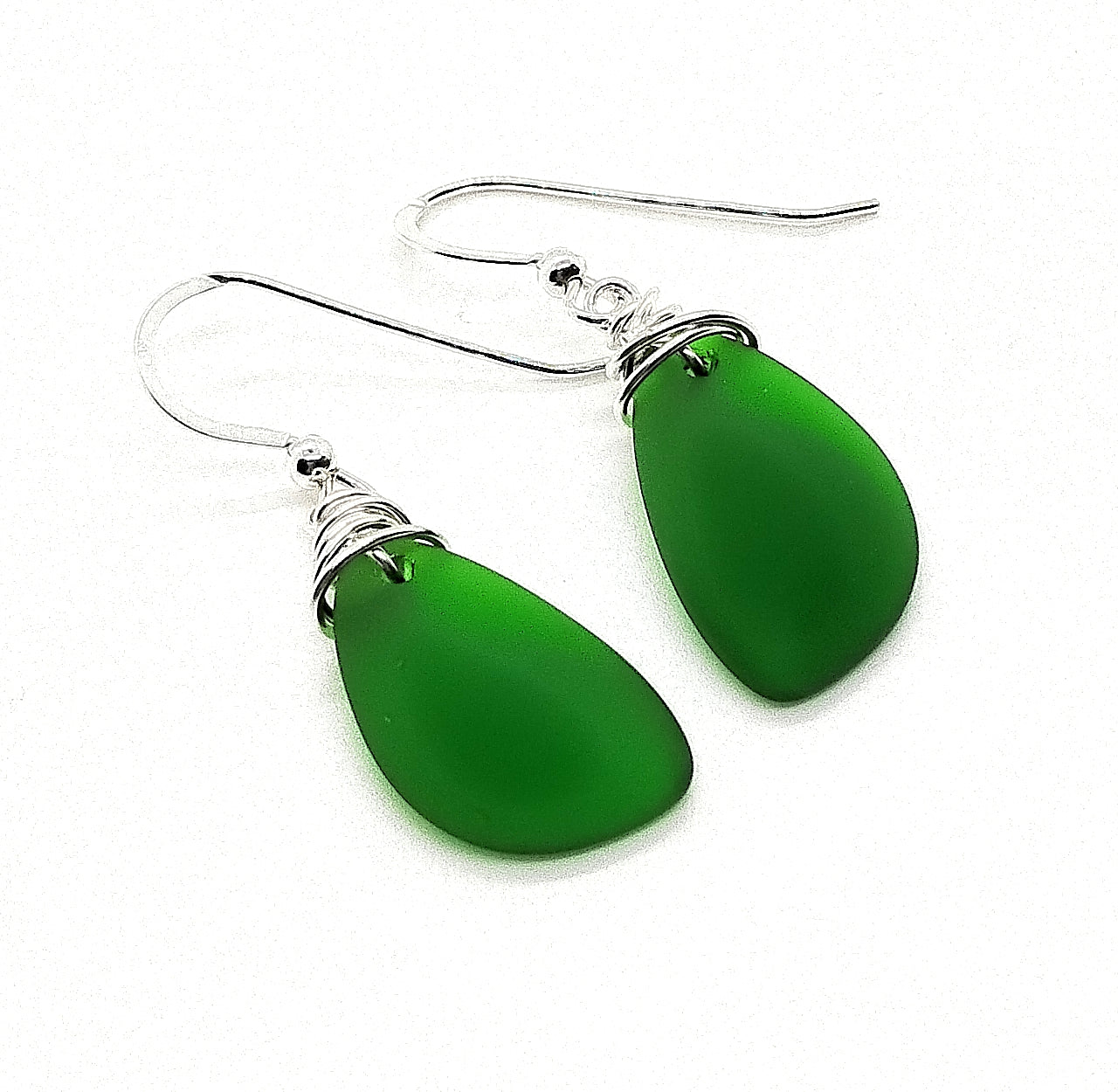 Aimee Tresor Nature's Green Recycled Sea Glass Earrings on Sterling Silver Hooks