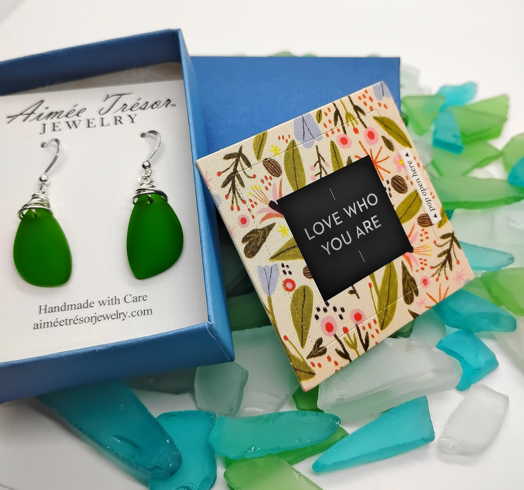 Aimee Tresor Nature's Green Recycled Sea Glass Earrings on Sterling Silver Hooks