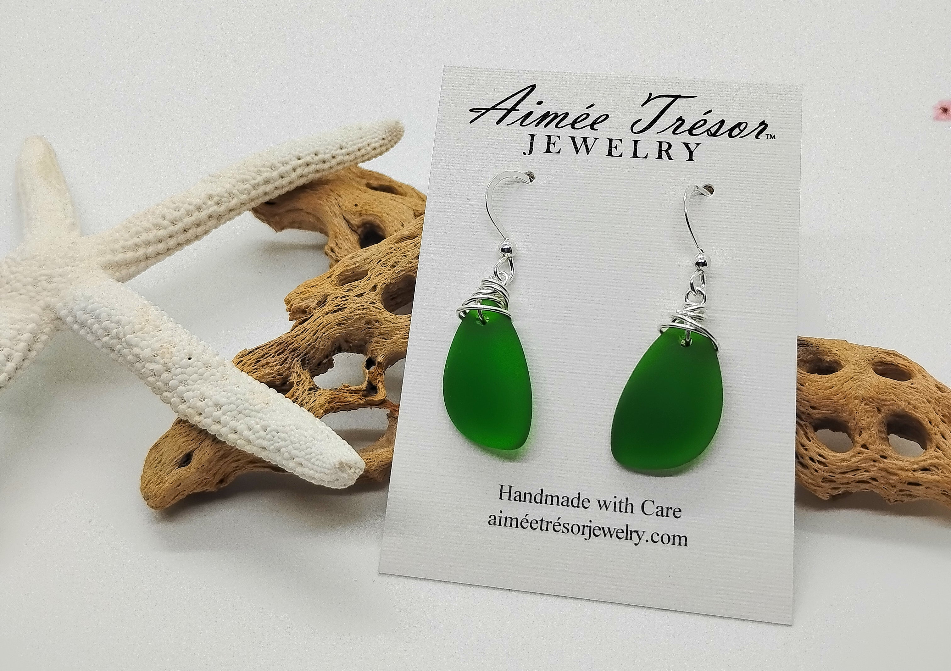 Aimee Tresor Nature's Green Recycled Sea Glass Earrings on Sterling Silver Hooks