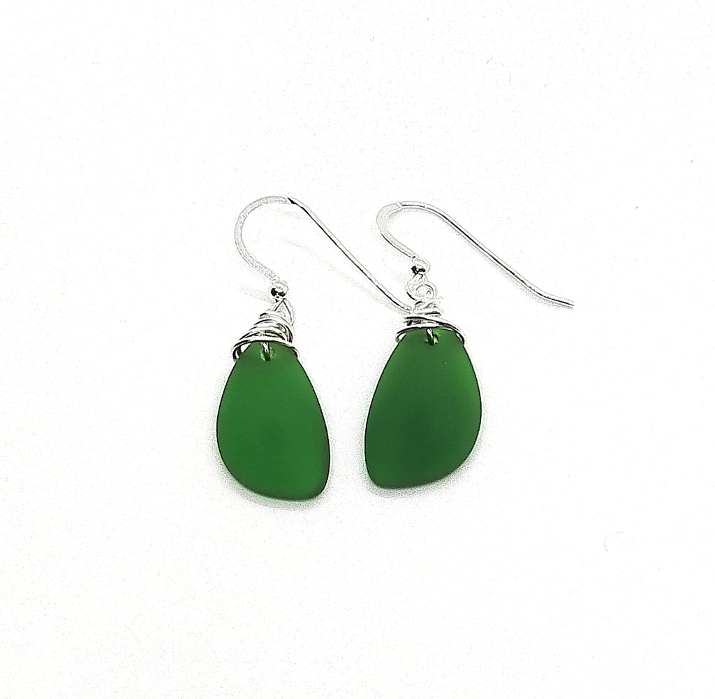 Aimee Tresor Nature's Green Recycled Sea Glass Earrings on Sterling Silver Hooks