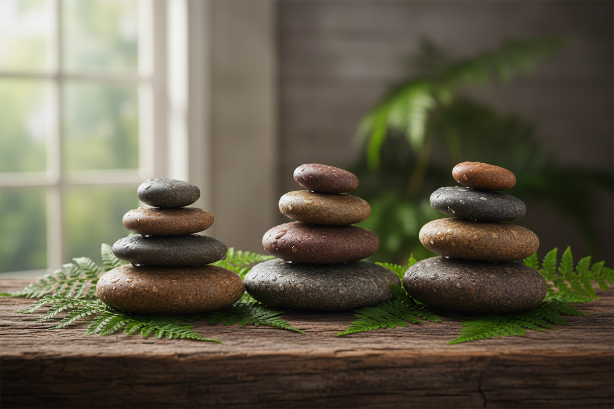 Stacked pebbles with green ferns on wood
