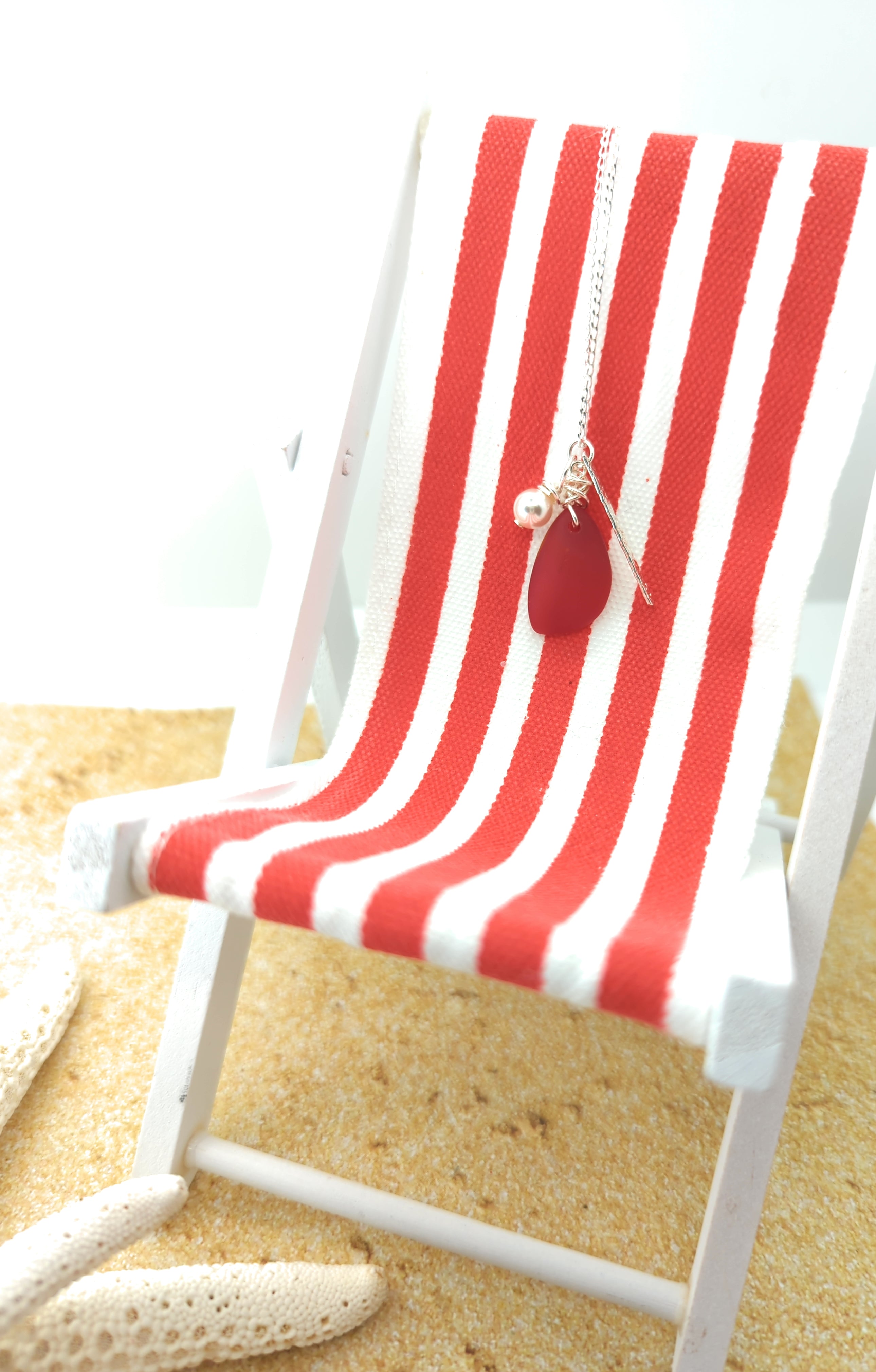 Sunset Love Red Sea Glass Charm Necklace on Sterling Silver Chain