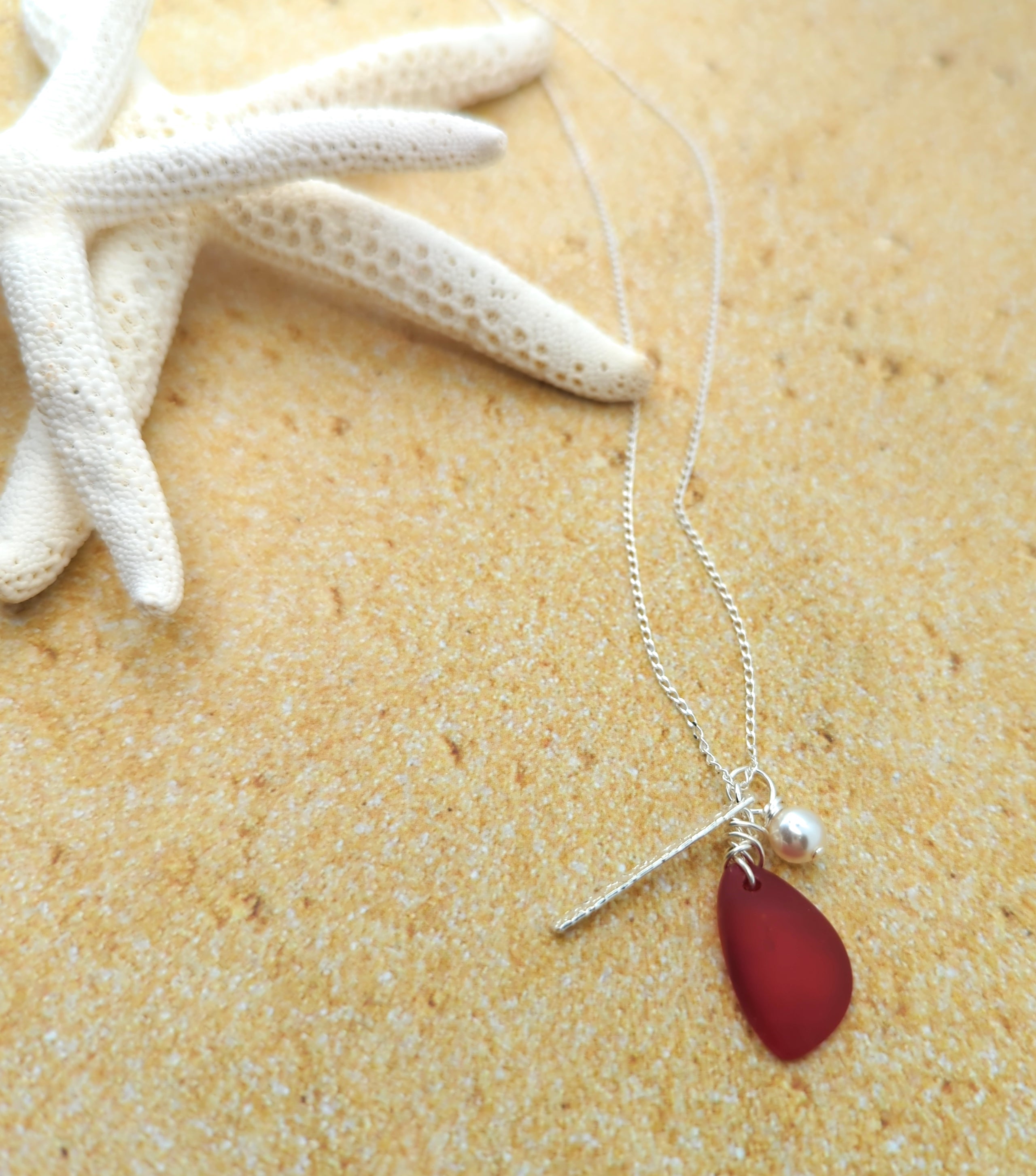 Sunset Love Red Sea Glass Charm Necklace on Sterling Silver Chain