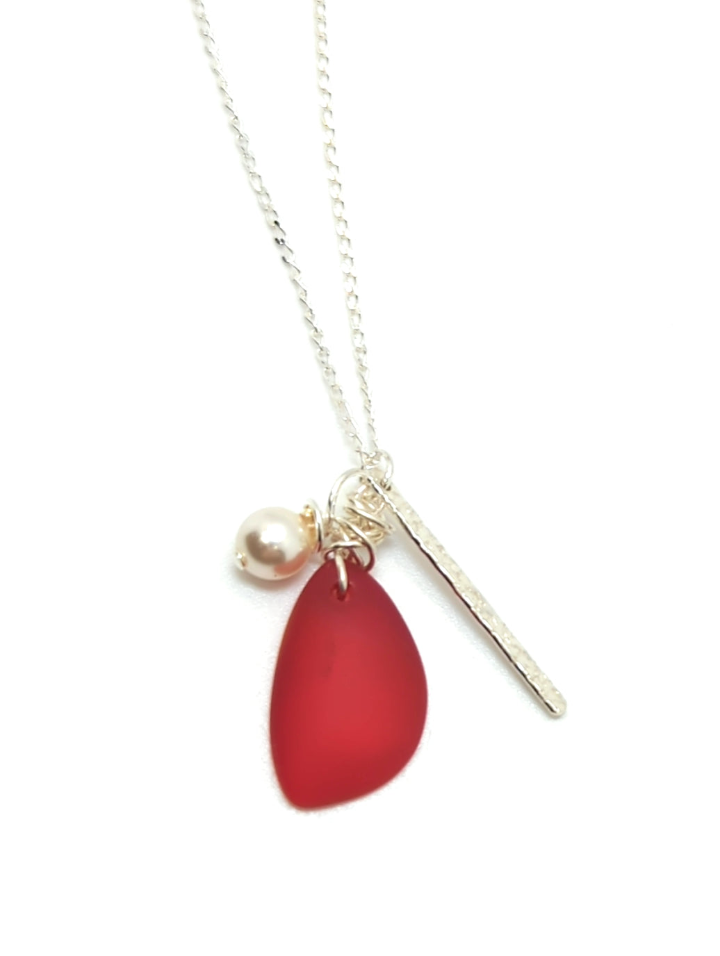 Sunset Love Red Sea Glass Charm Necklace on Sterling Silver Chain