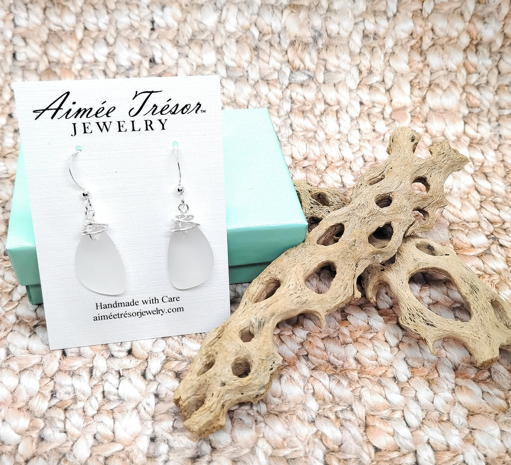 Aimee Tresor White Recycled Sea Glass Earrings on Sterling Silver Hooks
