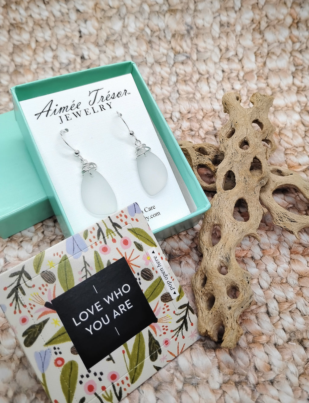 Aimee Tresor White Recycled Sea Glass Earrings on Sterling Silver Hooks