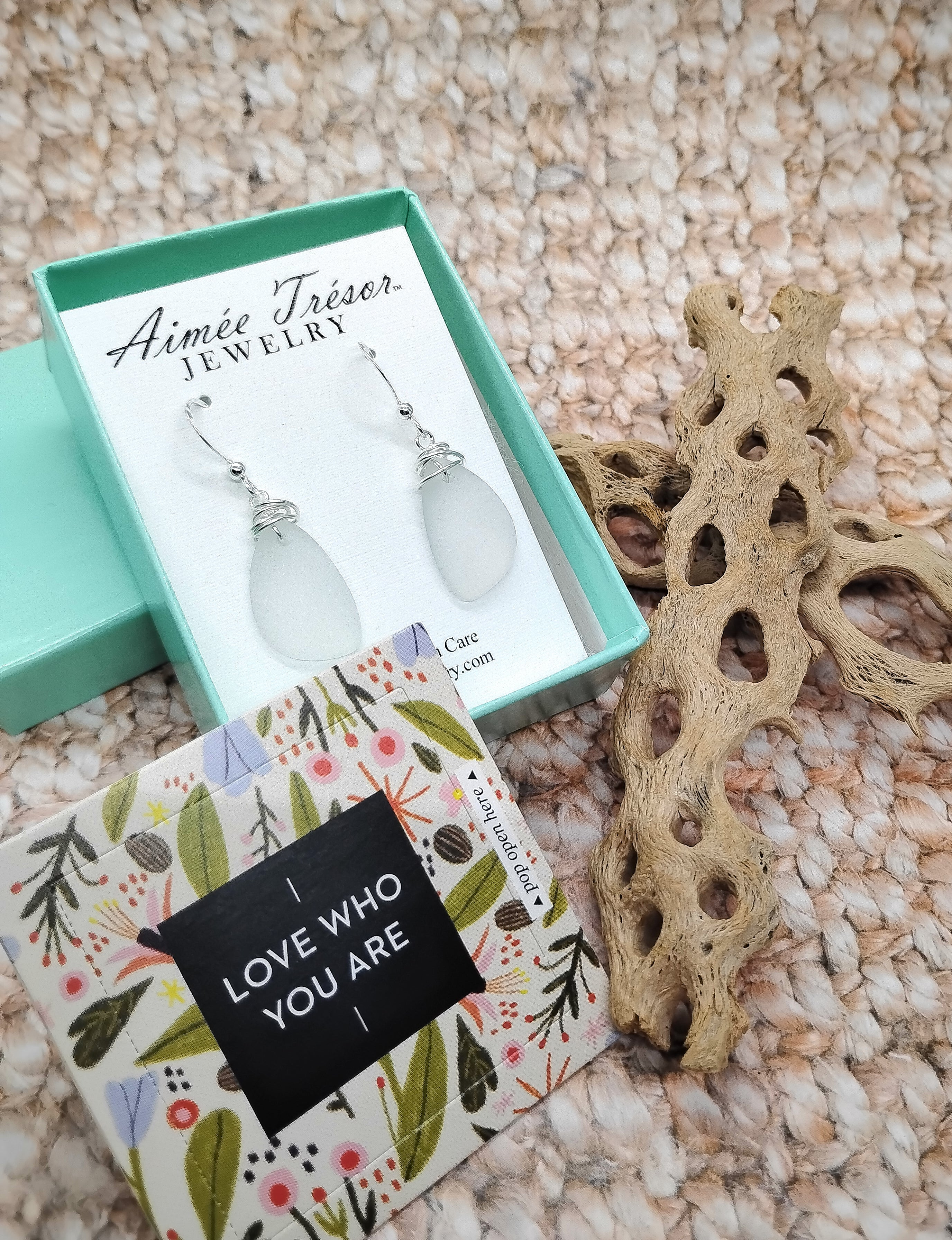 Aimee Tresor White Recycled Sea Glass Earrings on Sterling Silver Hooks