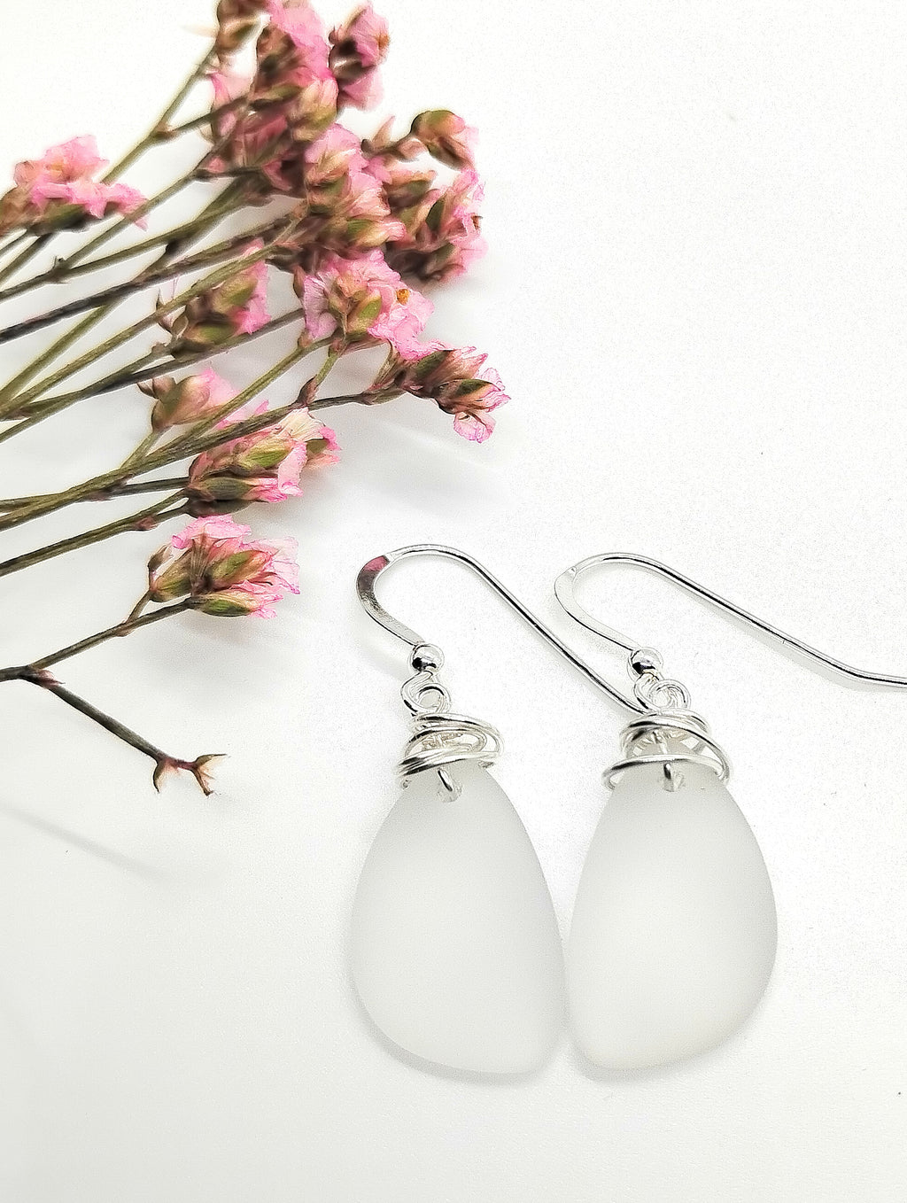 Aimee Tresor White Recycled Sea Glass Earrings on Sterling Silver Hooks