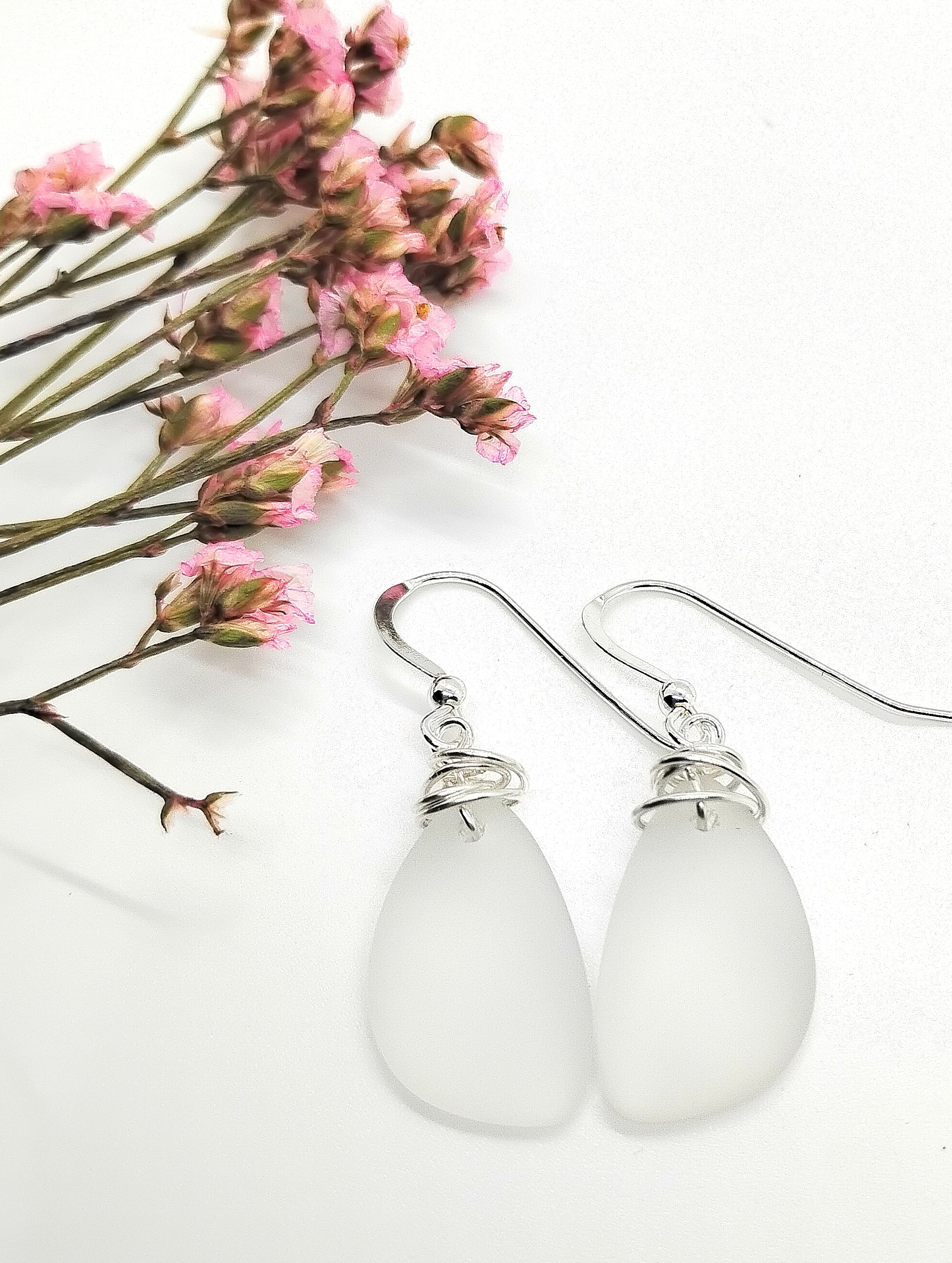 Aimee Tresor White Recycled Sea Glass Earrings on Sterling Silver Hooks