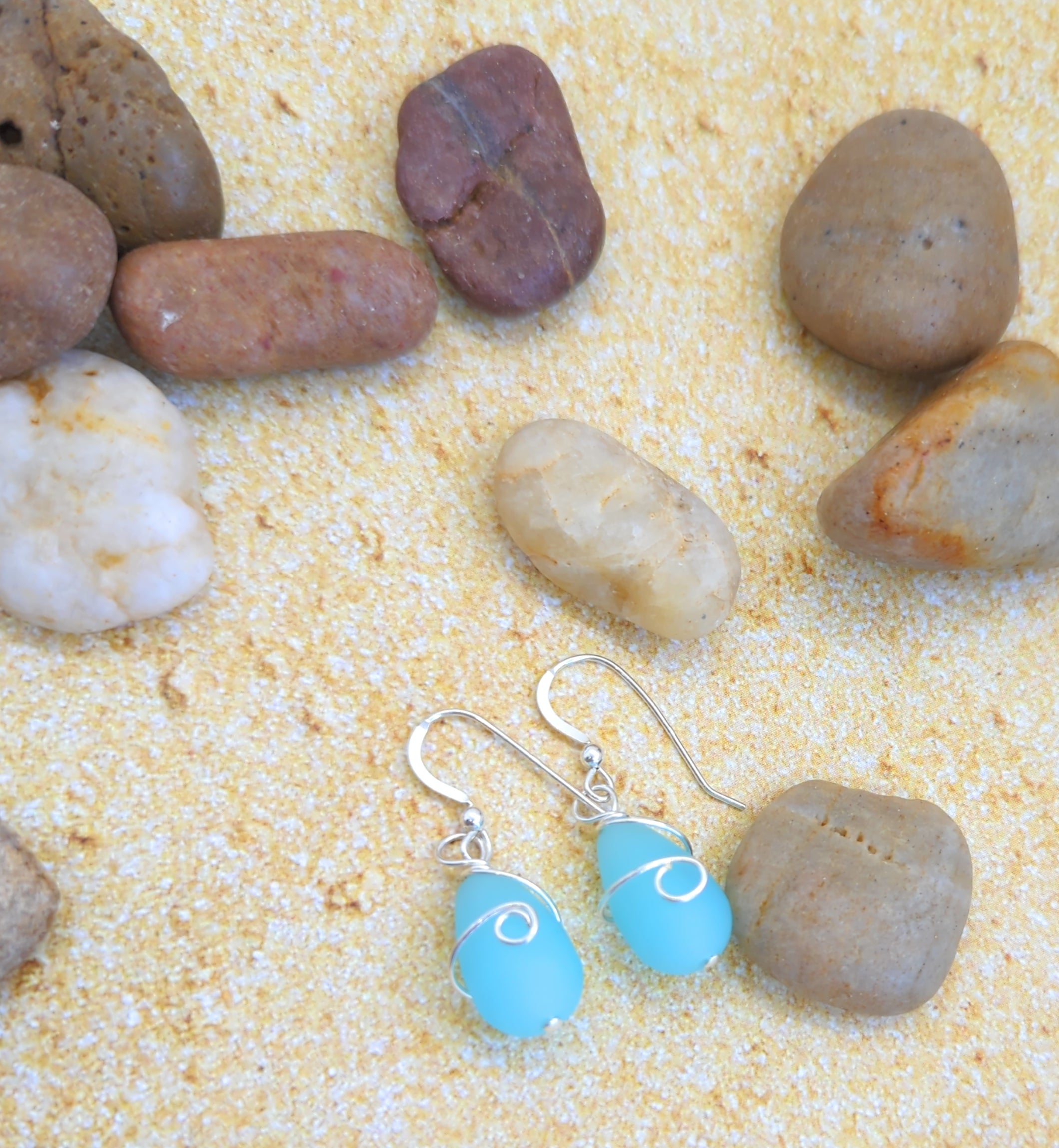 Gorgeous Sea Foam BLUE Recycled Sea Glass Earrings with Beautiful Wire Swirl Wrap