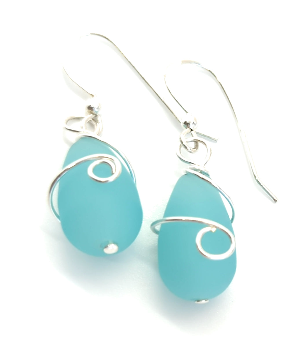 Gorgeous Sea Foam BLUE Recycled Sea Glass Earrings with Beautiful Wire Swirl Wrap